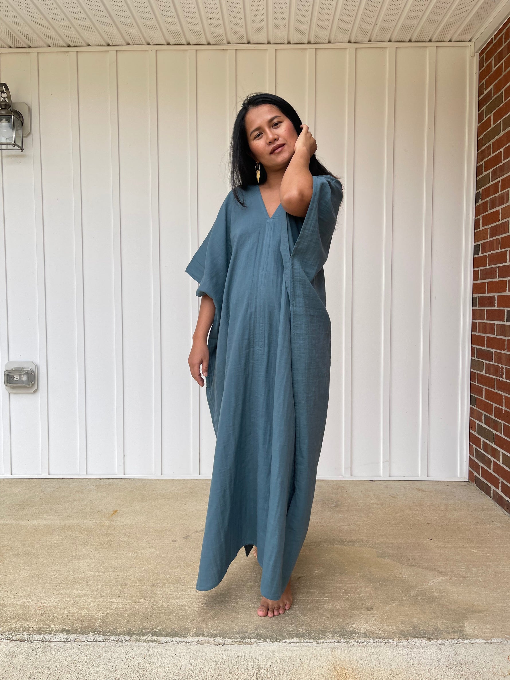 MALA handworks Grace Double Gauze Cotton Kaftan in Blue Gray