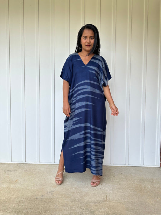 MALA handworks  Ikat Hand Woven Pattern Kaftan in Indigo Blue and Light Blue