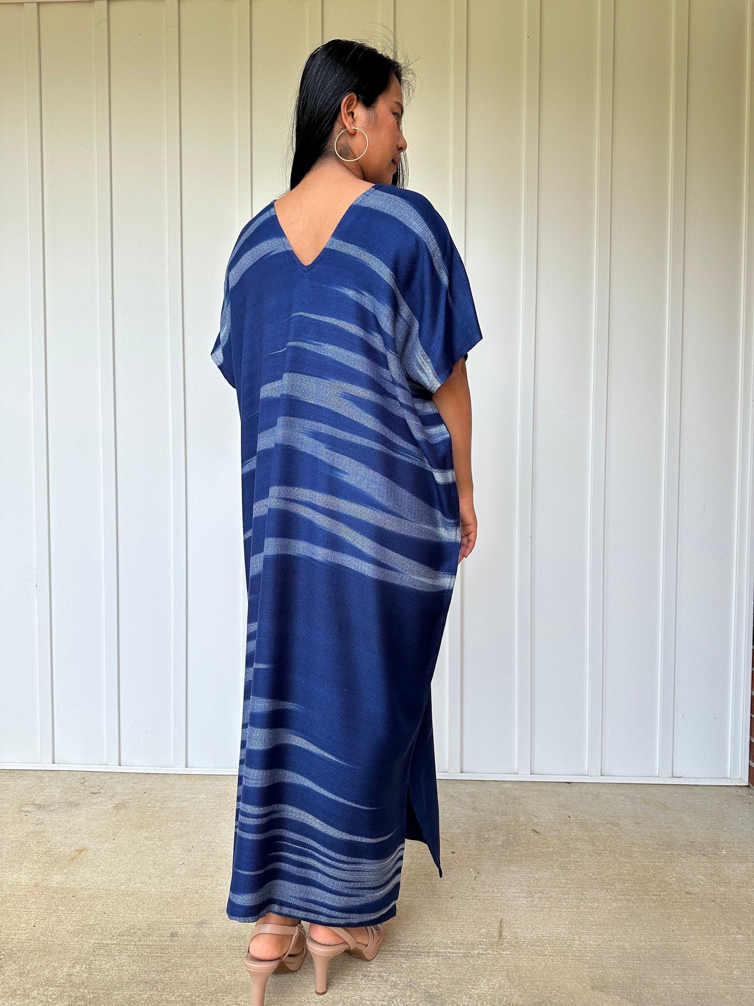 MALA handworks  Ikat Hand Woven Pattern Kaftan in Indigo Blue and Light Blue