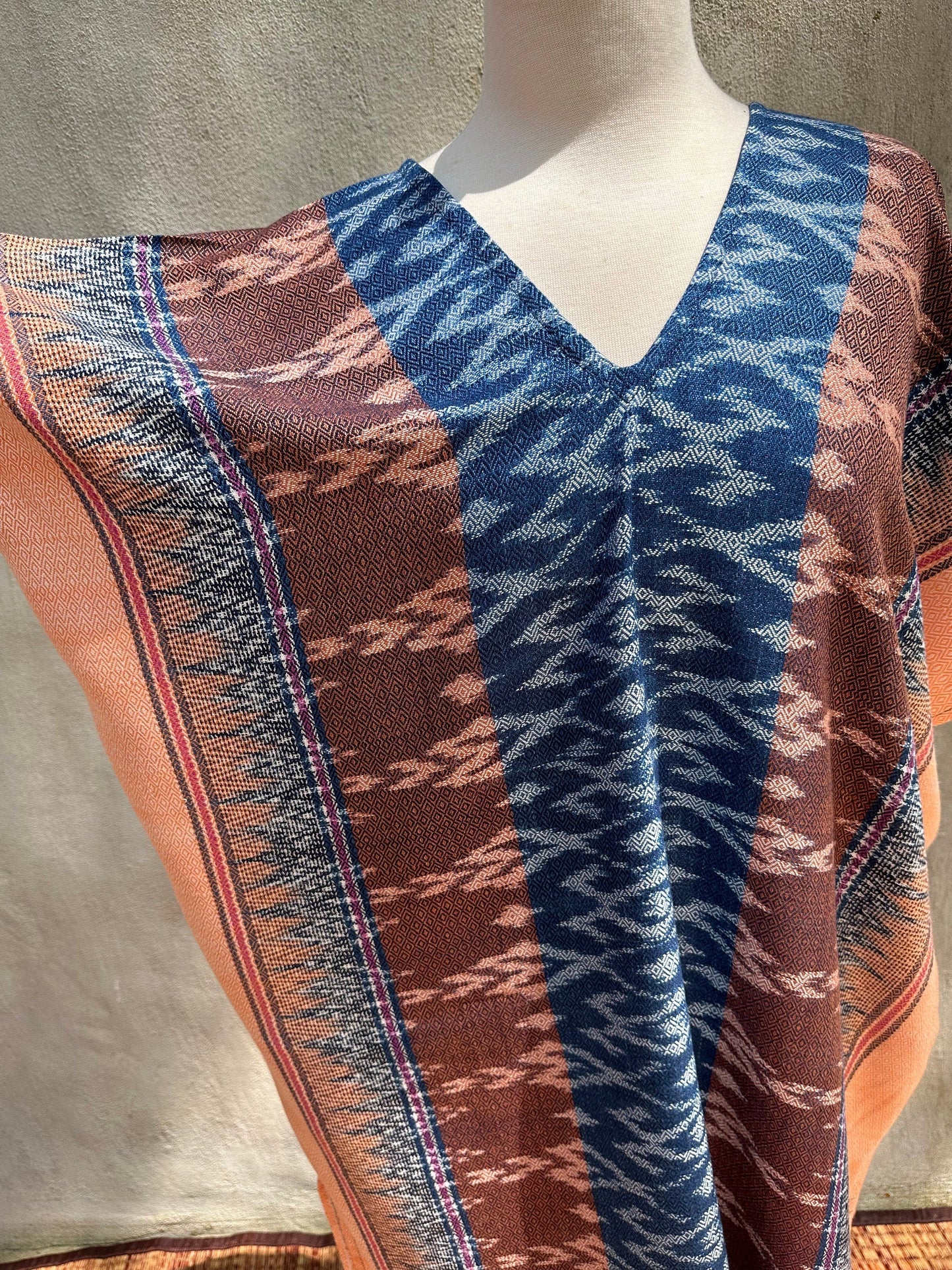 MALA handworks  Ikat Hand Woven Pattern Kaftan in Indigo Blue with Earthy Orange and White