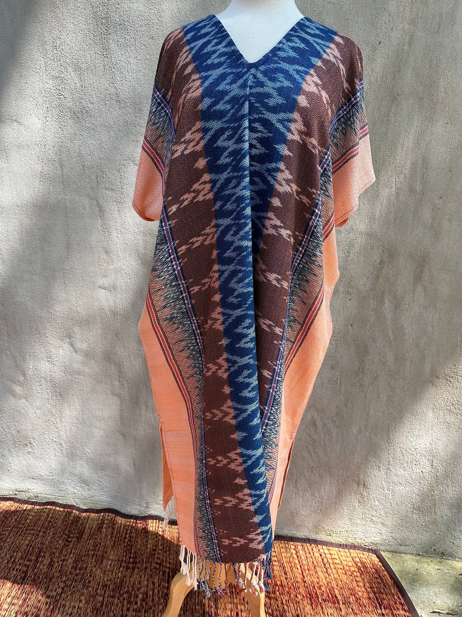 MALA handworks  Ikat Hand Woven Pattern Kaftan in Indigo Blue with Earthy Orange and White