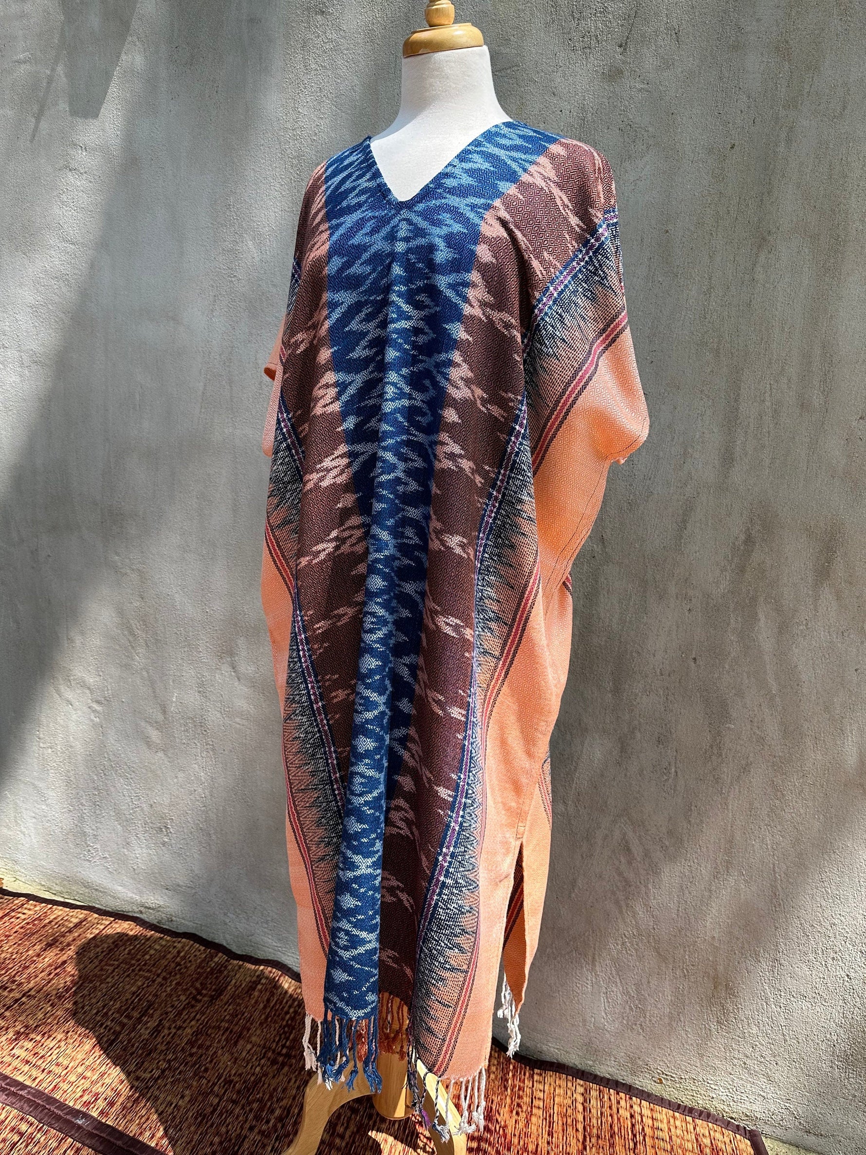 MALA handworks  Ikat Hand Woven Pattern Kaftan in Indigo Blue with Earthy Orange and White