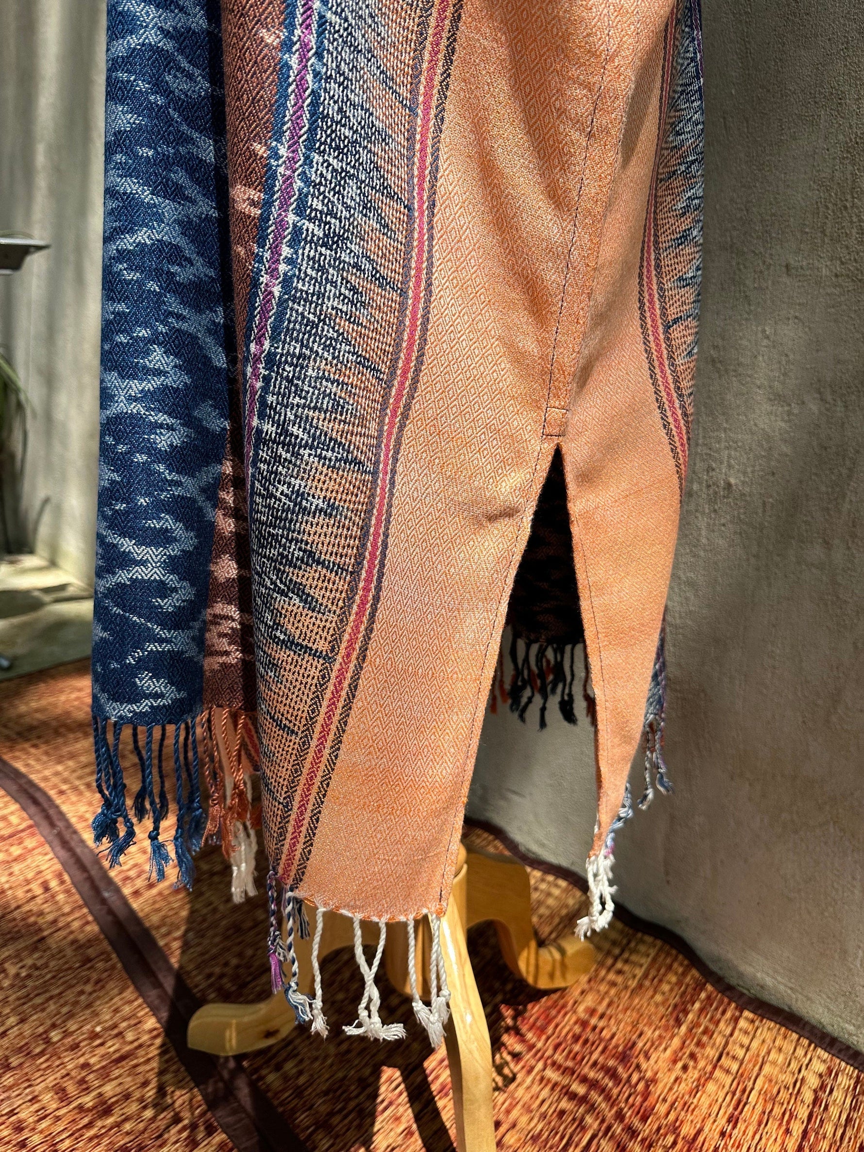 MALA handworks  Ikat Hand Woven Pattern Kaftan in Indigo Blue with Earthy Orange and White