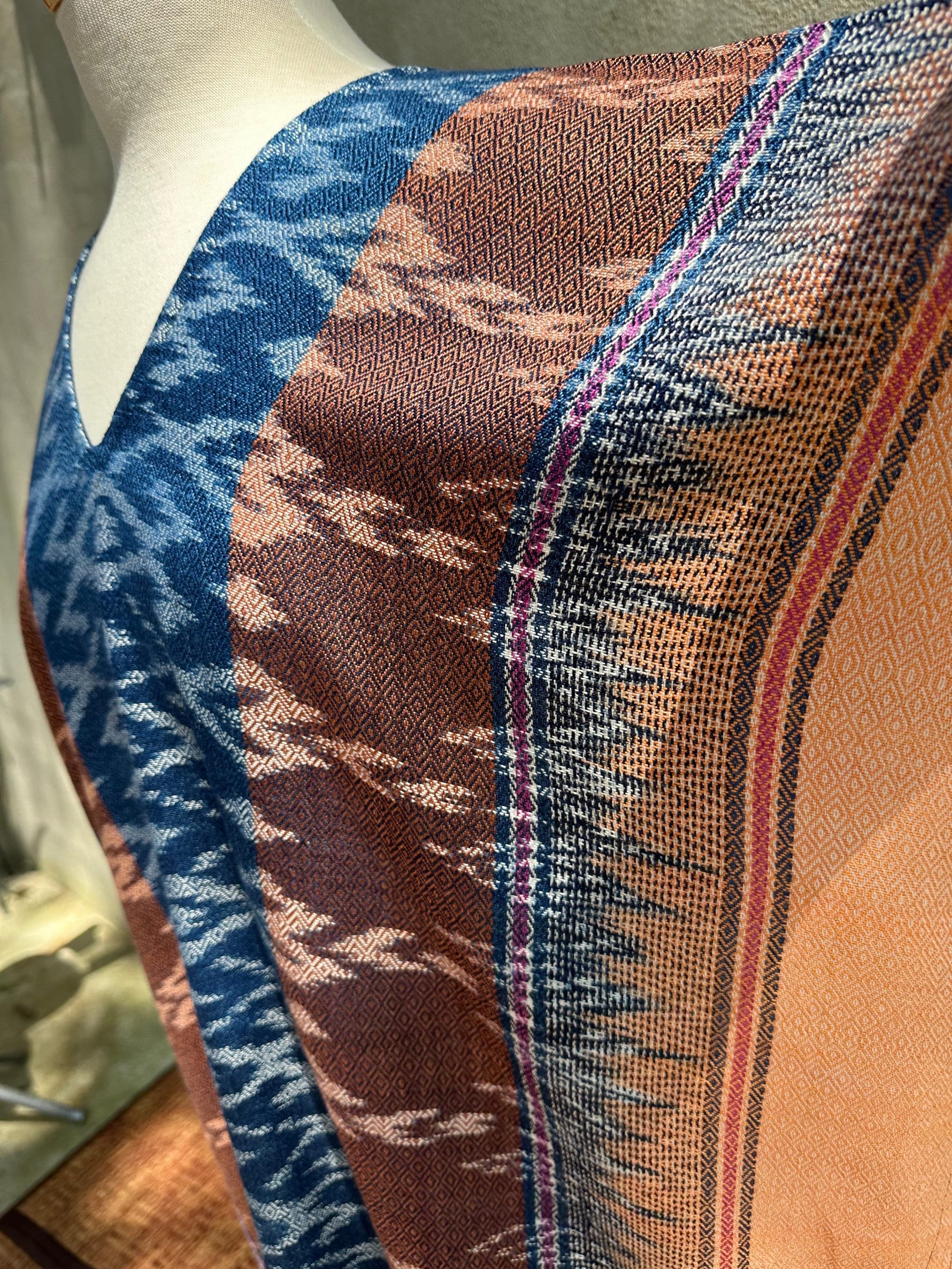 MALA handworks  Ikat Hand Woven Pattern Kaftan in Indigo Blue with Earthy Orange and White