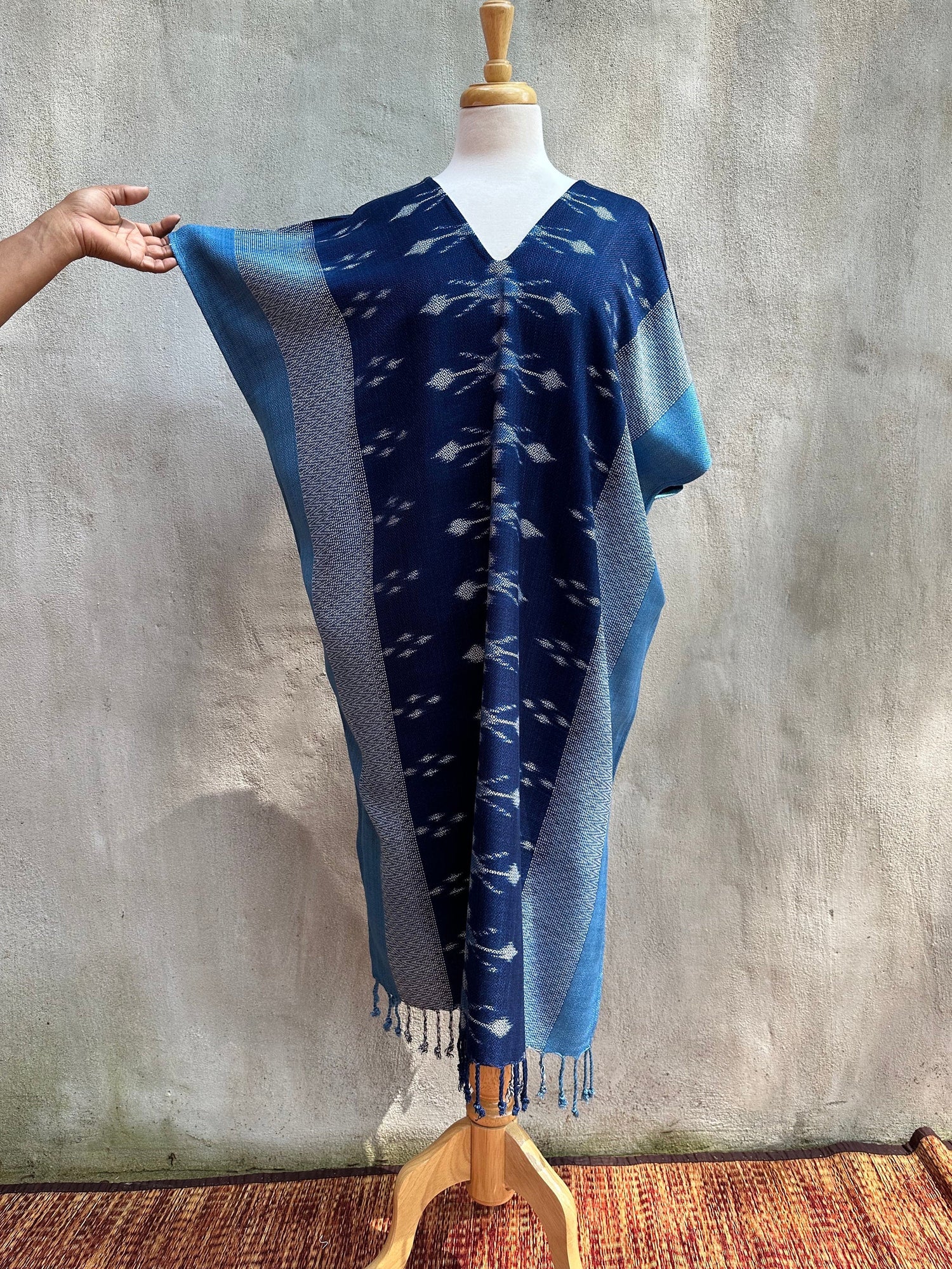 MALA handworks  Ikat Hand Woven Pattern Kaftan in Indigo Blue with Light Blue and White
