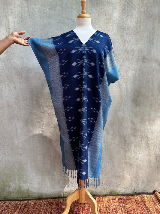 MALA handworks  Ikat Hand Woven Pattern Kaftan in Indigo Blue with Light Blue and White