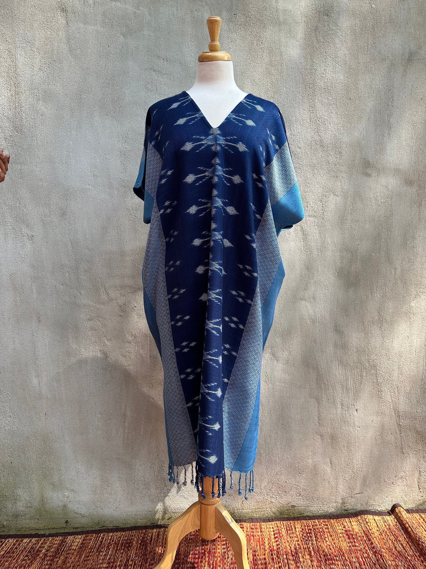 MALA handworks  Ikat Hand Woven Pattern Kaftan in Indigo Blue with Light Blue and White