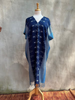 MALA handworks  Ikat Hand Woven Pattern Kaftan in Indigo Blue with Light Blue and White