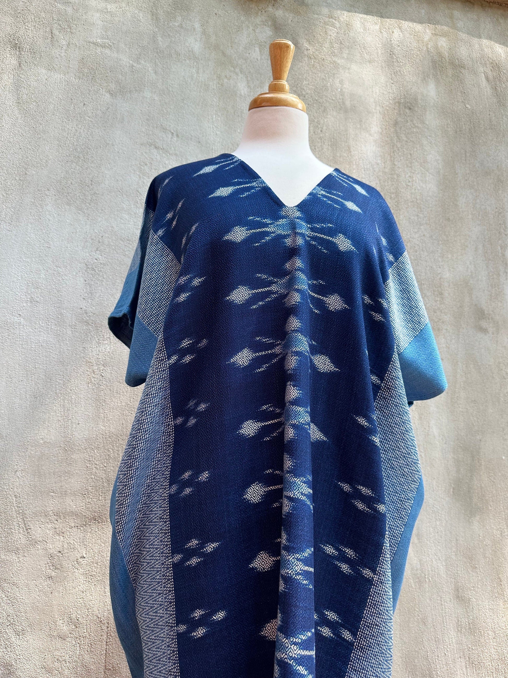 MALA handworks  Ikat Hand Woven Pattern Kaftan in Indigo Blue with Light Blue and White