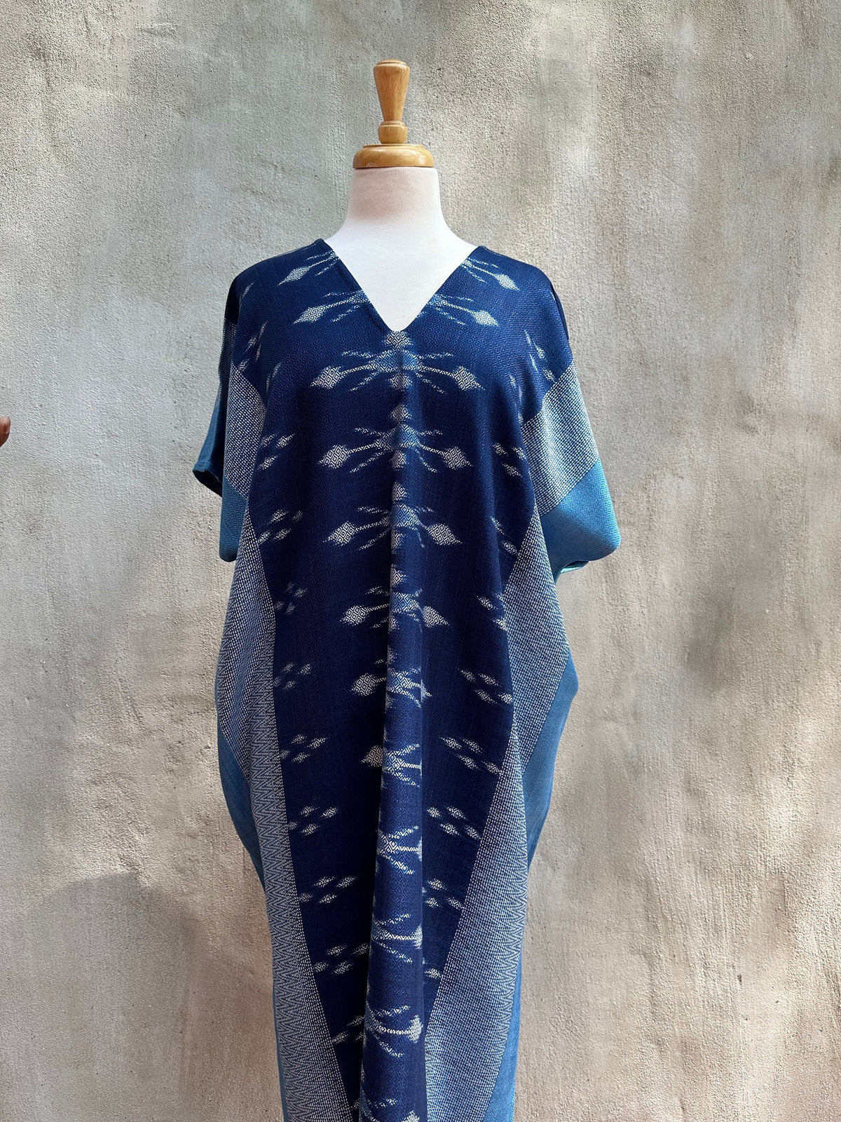 MALA handworks  Ikat Hand Woven Pattern Kaftan in Indigo Blue with Light Blue and White