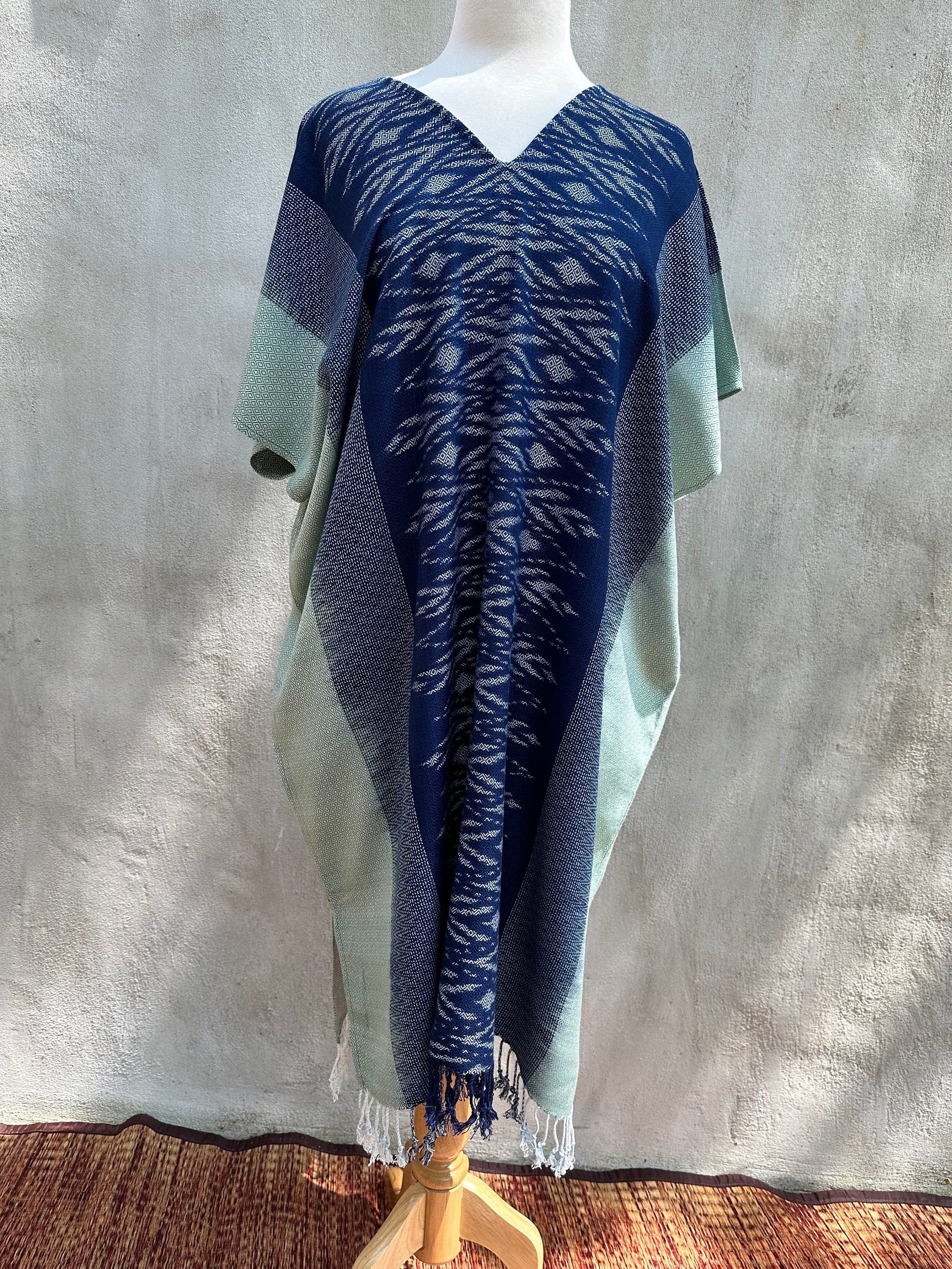 MALA handworks  Ikat Hand Woven Pattern Kaftan in Indigo Blue with Light Blue and White