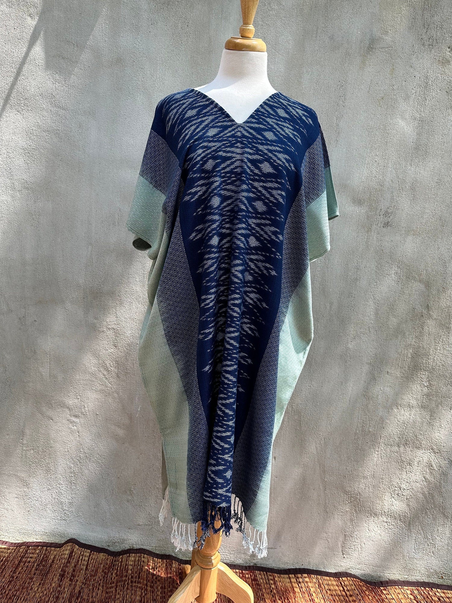 MALA handworks  Ikat Hand Woven Pattern Kaftan in Indigo Blue with Light Blue and White