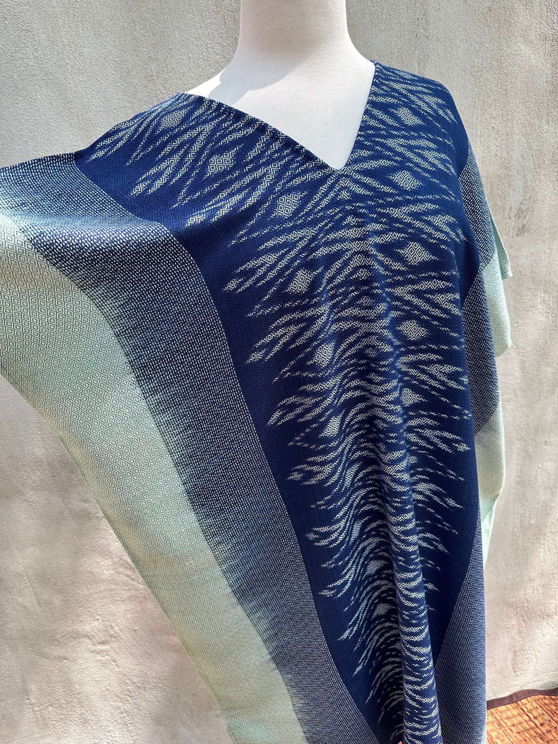 MALA handworks  Ikat Hand Woven Pattern Kaftan in Indigo Blue with Light Blue and White
