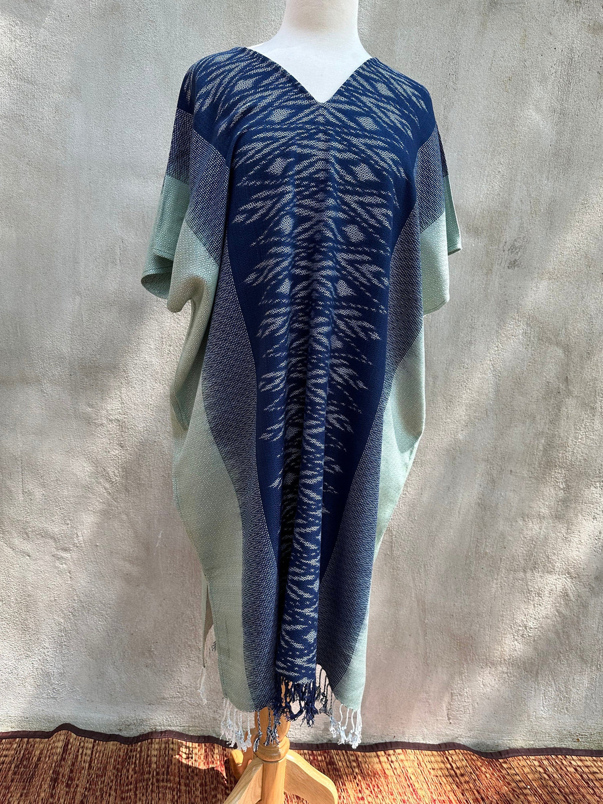 MALA handworks  Ikat Hand Woven Pattern Kaftan in Indigo Blue with Light Blue and White