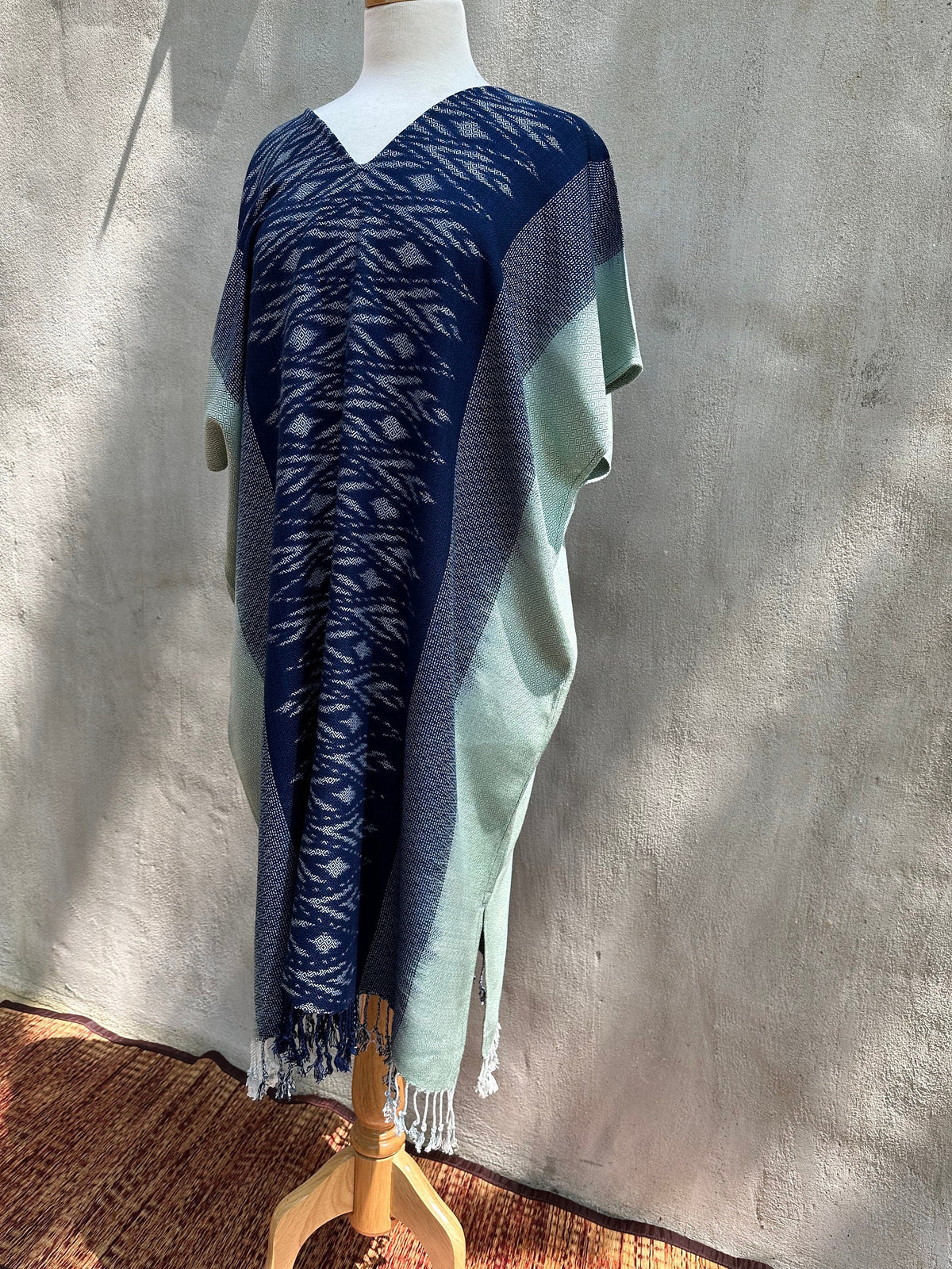 MALA handworks  Ikat Hand Woven Pattern Kaftan in Indigo Blue with Light Blue and White
