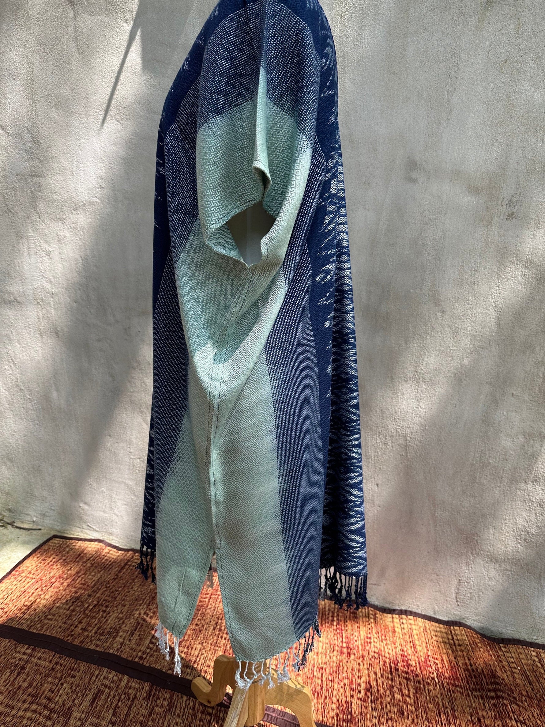 MALA handworks  Ikat Hand Woven Pattern Kaftan in Indigo Blue with Light Blue and White