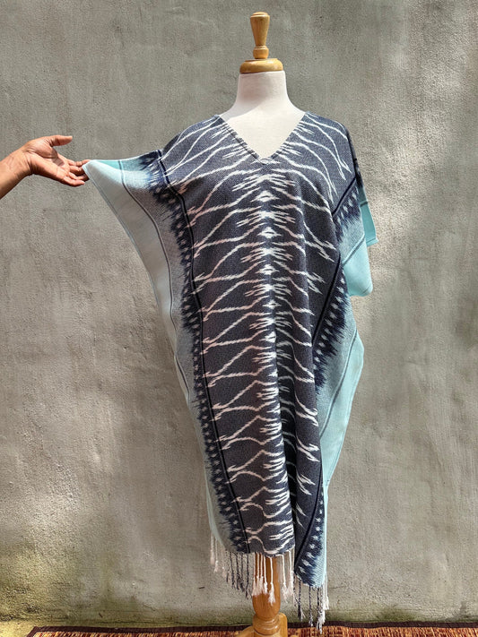 MALA handworks  Ikat Hand Woven Pattern Kaftan in Indigo Blue with Light Blue and White