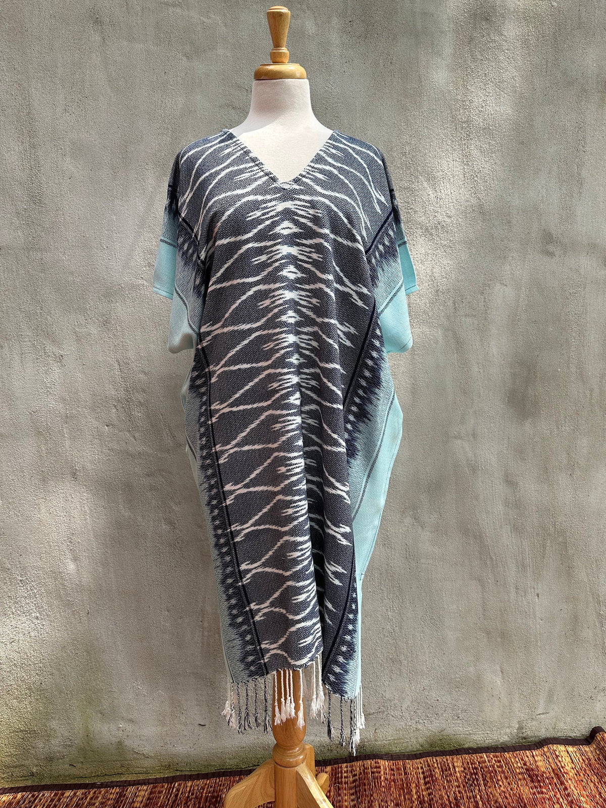 MALA handworks  Ikat Hand Woven Pattern Kaftan in Indigo Blue with Light Blue and White