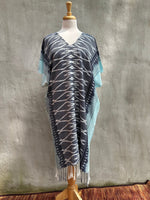 MALA handworks  Ikat Hand Woven Pattern Kaftan in Indigo Blue with Light Blue and White