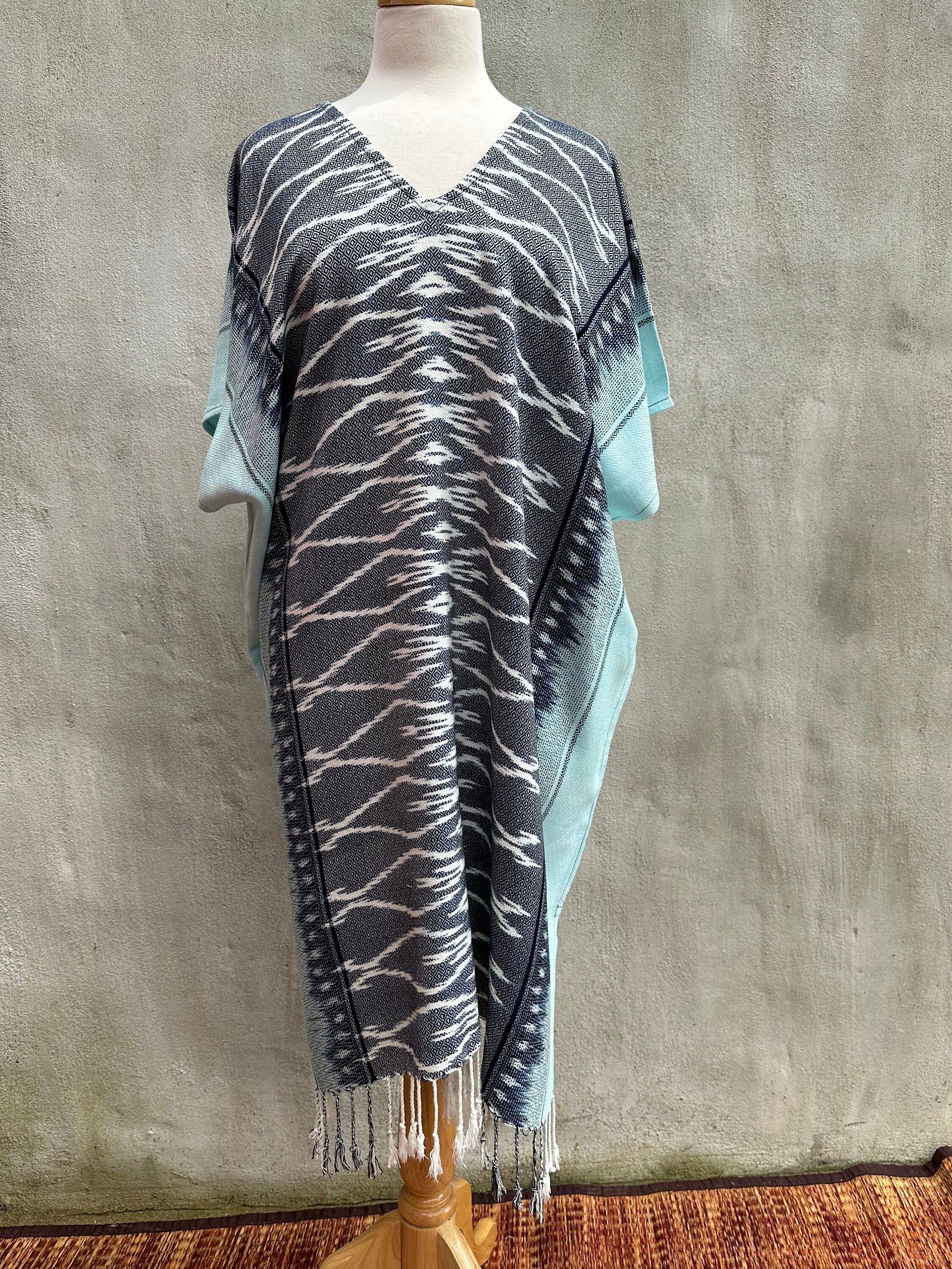MALA handworks  Ikat Hand Woven Pattern Kaftan in Indigo Blue with Light Blue and White
