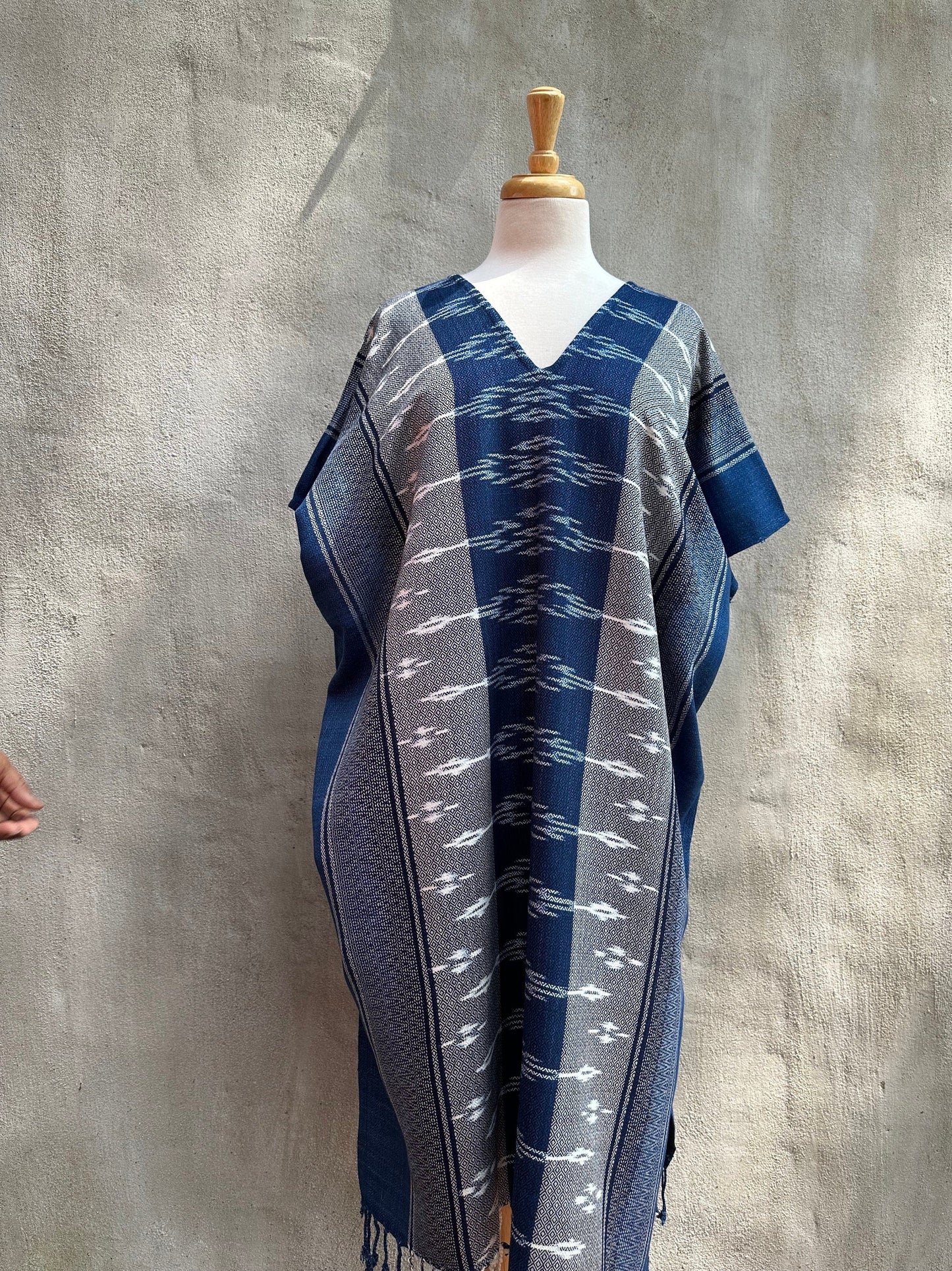 MALA handworks  Ikat Hand Woven Pattern Kaftan in Indigo Blue with Light Gray and White