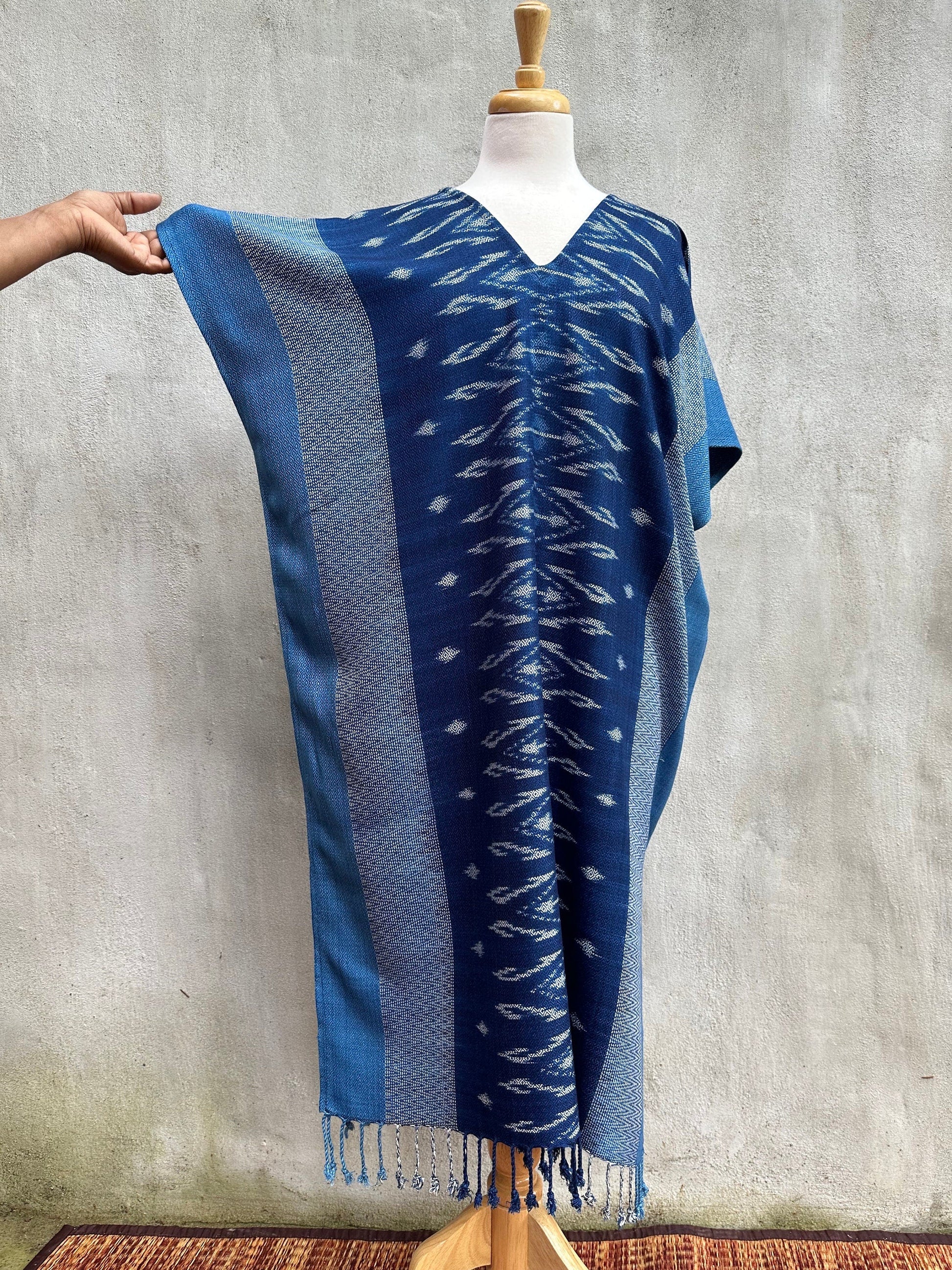 MALA handworks  Ikat Hand Woven Pattern Kaftan in Indigo Blue with Light Gray and White