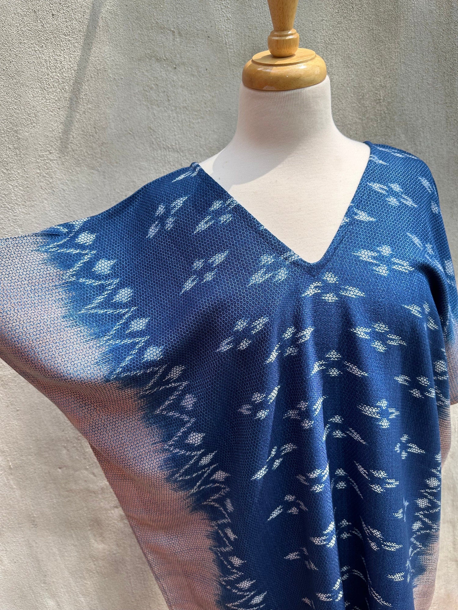MALA handworks  Ikat Hand Woven Pattern Kaftan in Indigo Blue with Light Pink and White