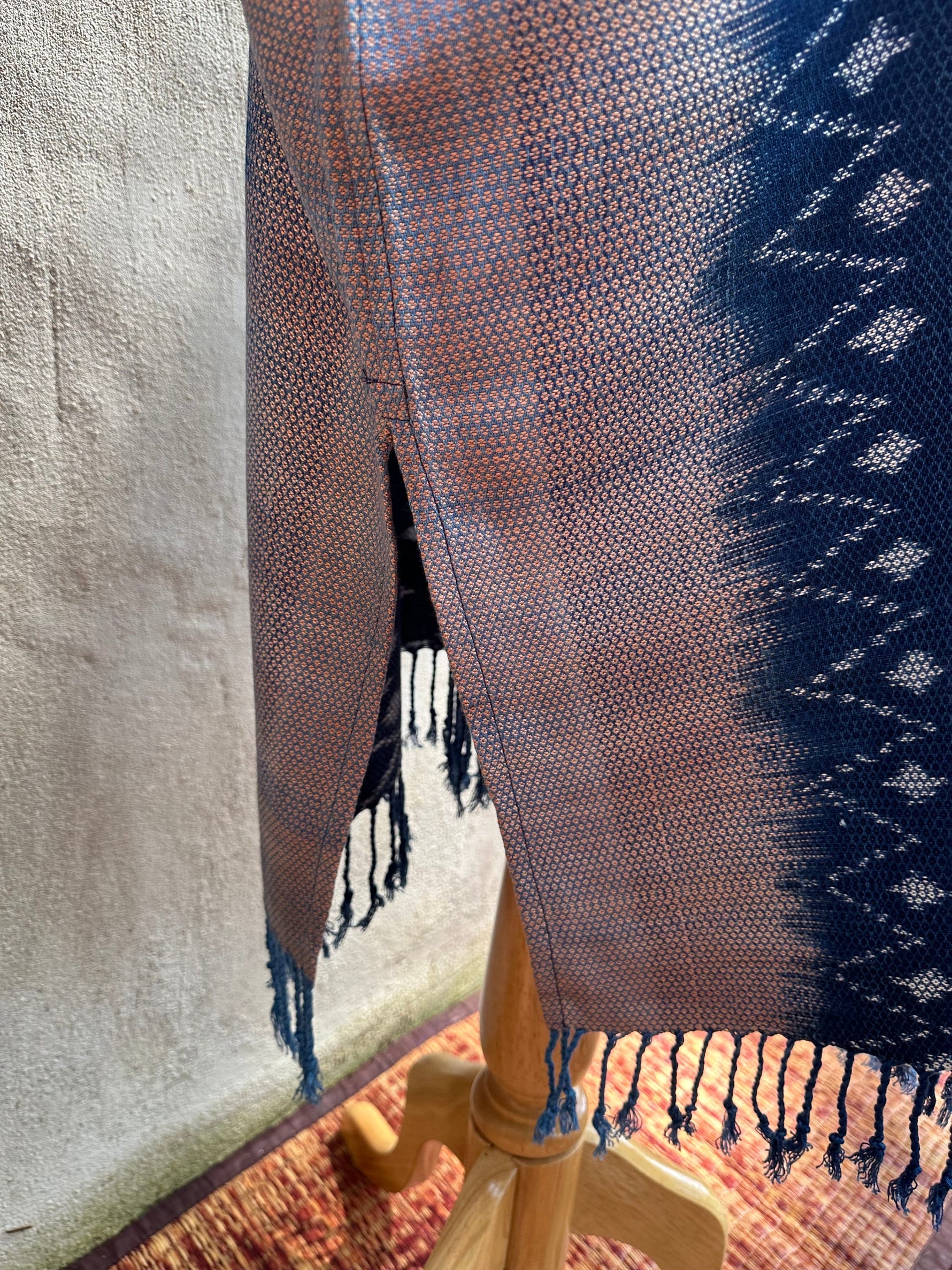 MALA handworks  Ikat Hand Woven Pattern Kaftan in Indigo Blue with Light Pink and White