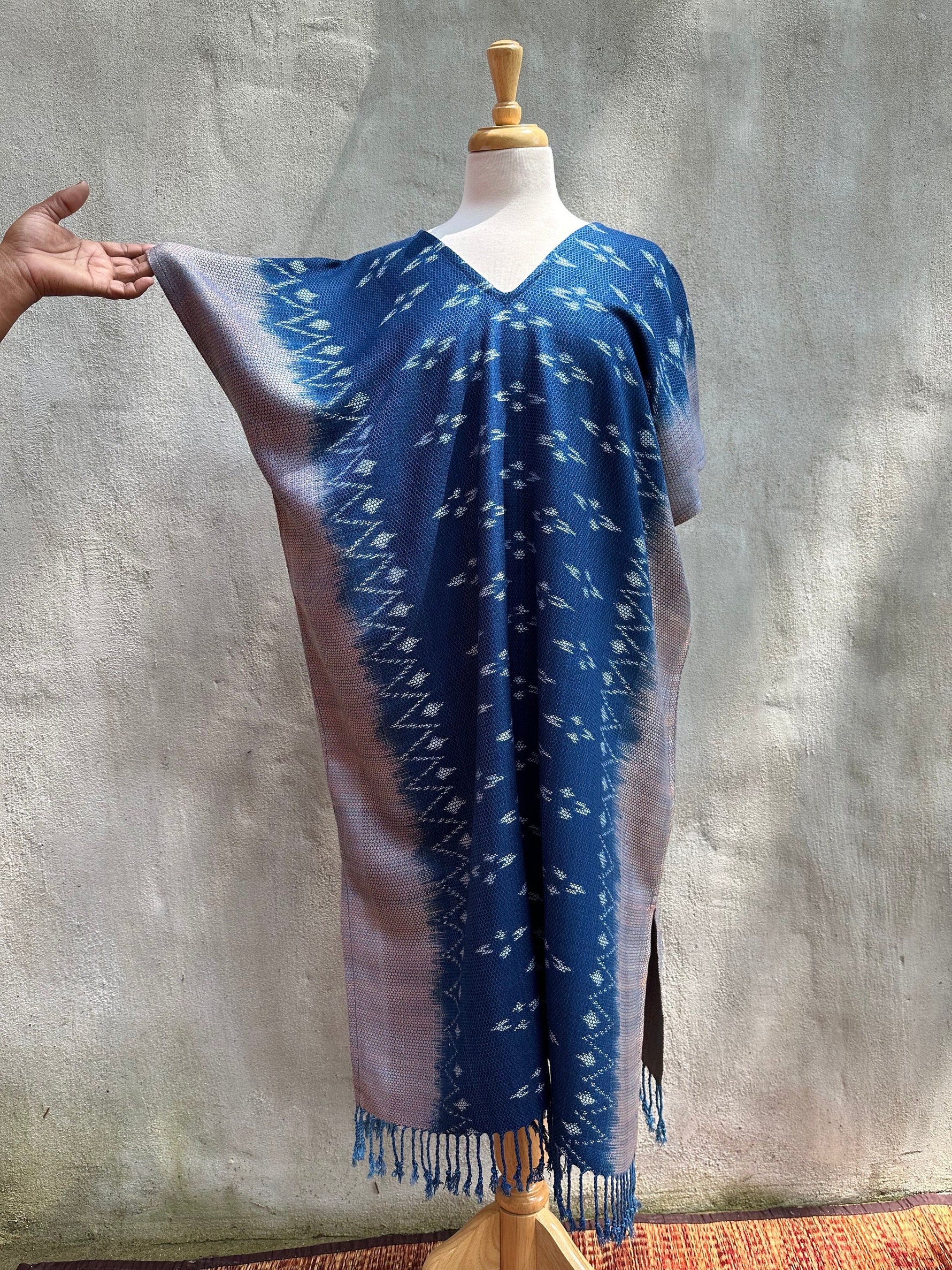 MALA handworks  Ikat Hand Woven Pattern Kaftan in Indigo Blue with Light Pink and White