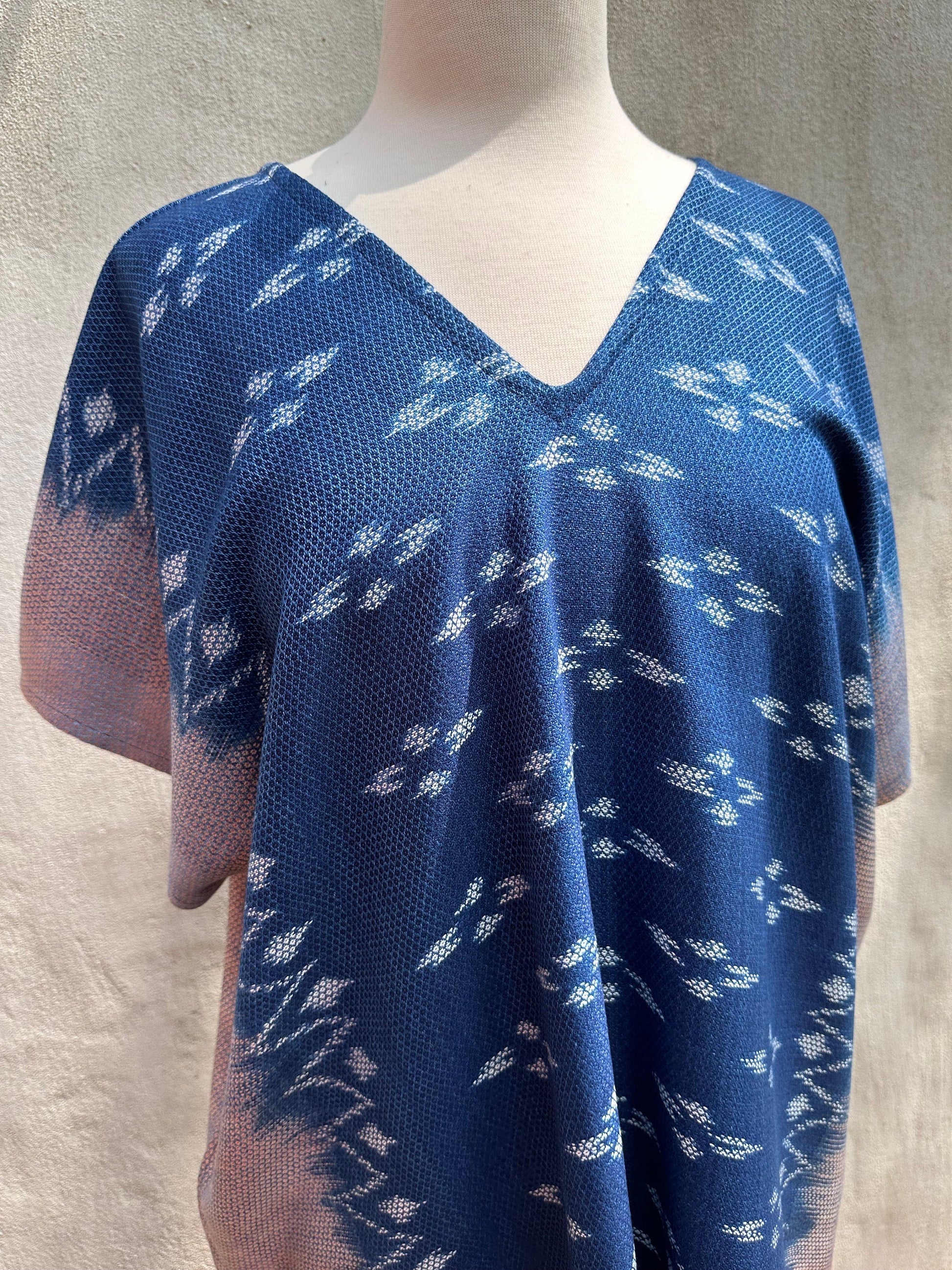 MALA handworks  Ikat Hand Woven Pattern Kaftan in Indigo Blue with Light Pink and White