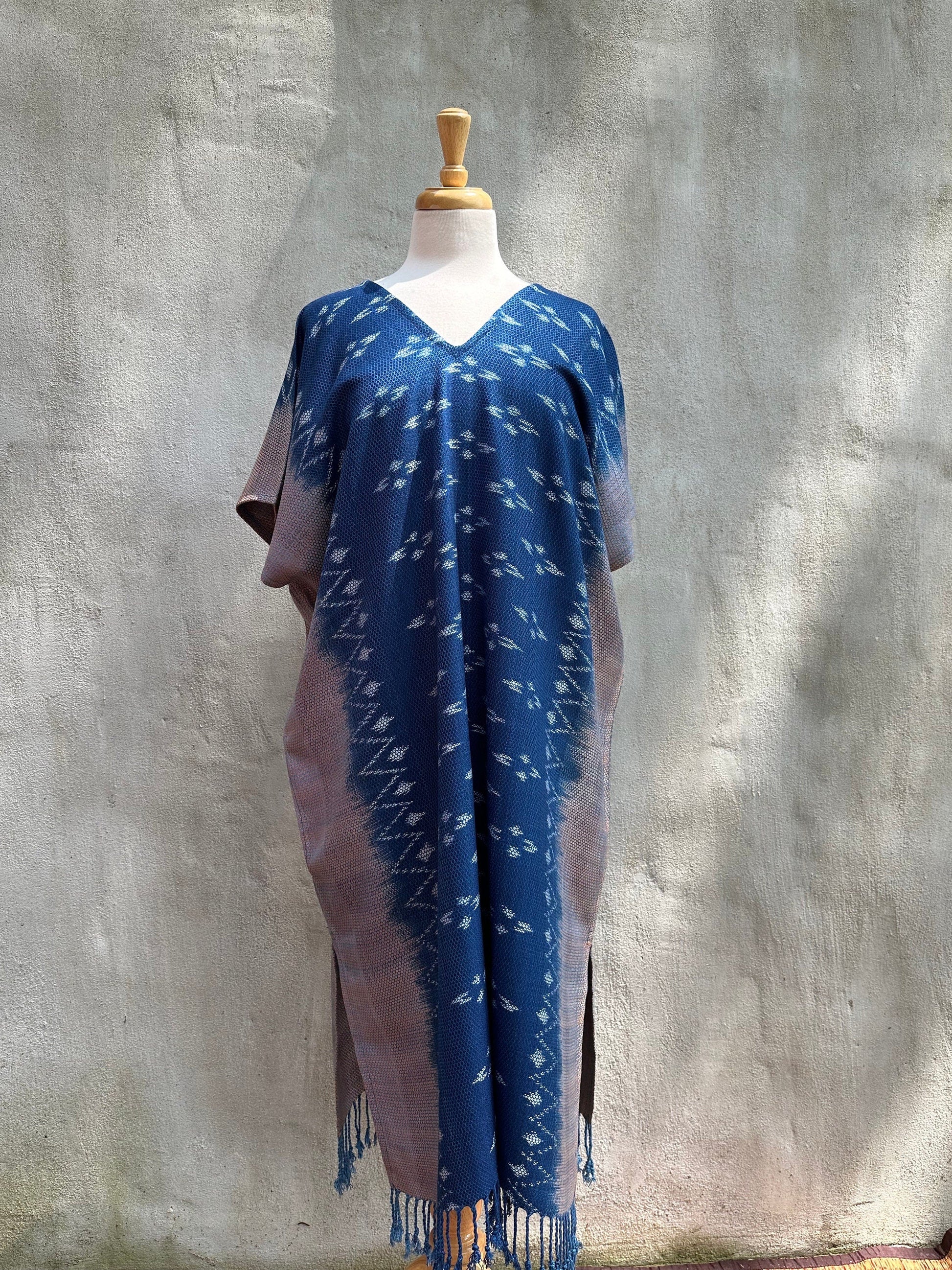 MALA handworks  Ikat Hand Woven Pattern Kaftan in Indigo Blue with Light Pink and White
