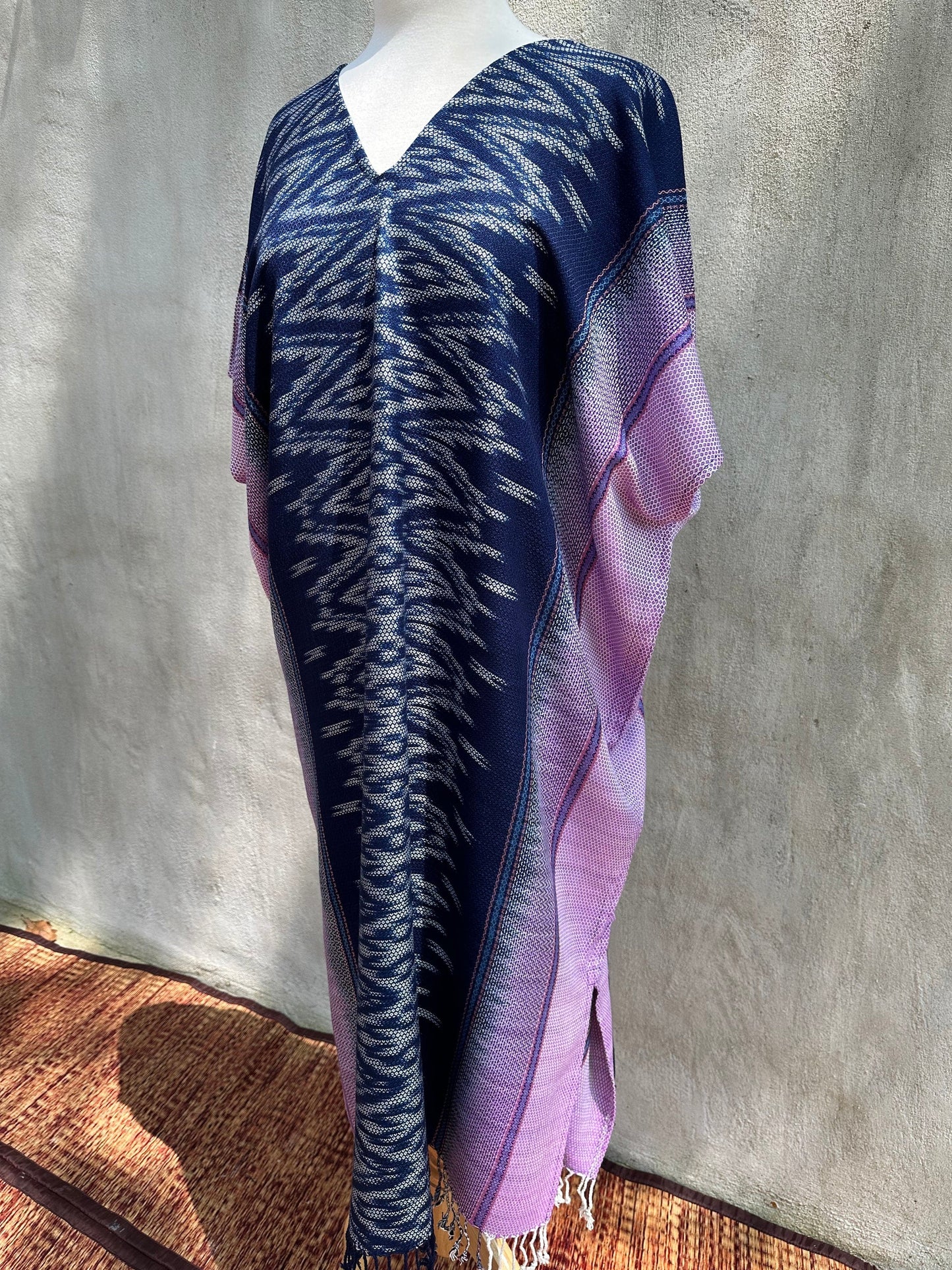 MALA handworks  Ikat Hand Woven Pattern Kaftan in Indigo Blue with Light Purple and White