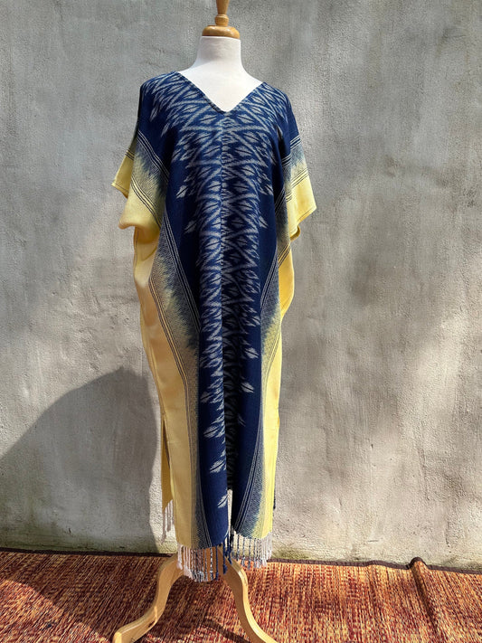 MALA handworks  Ikat Hand Woven Pattern Kaftan in Indigo Blue with Light Yellow and White