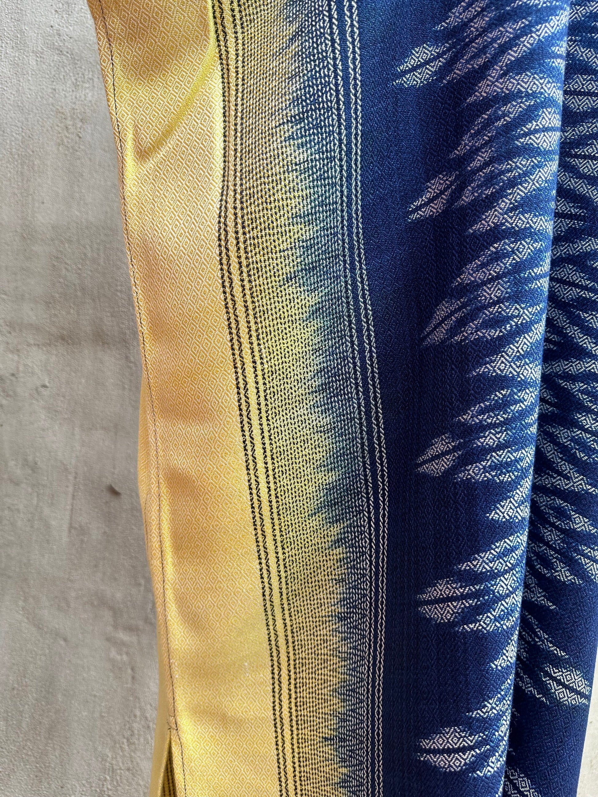 MALA handworks  Ikat Hand Woven Pattern Kaftan in Indigo Blue with Light Yellow and White