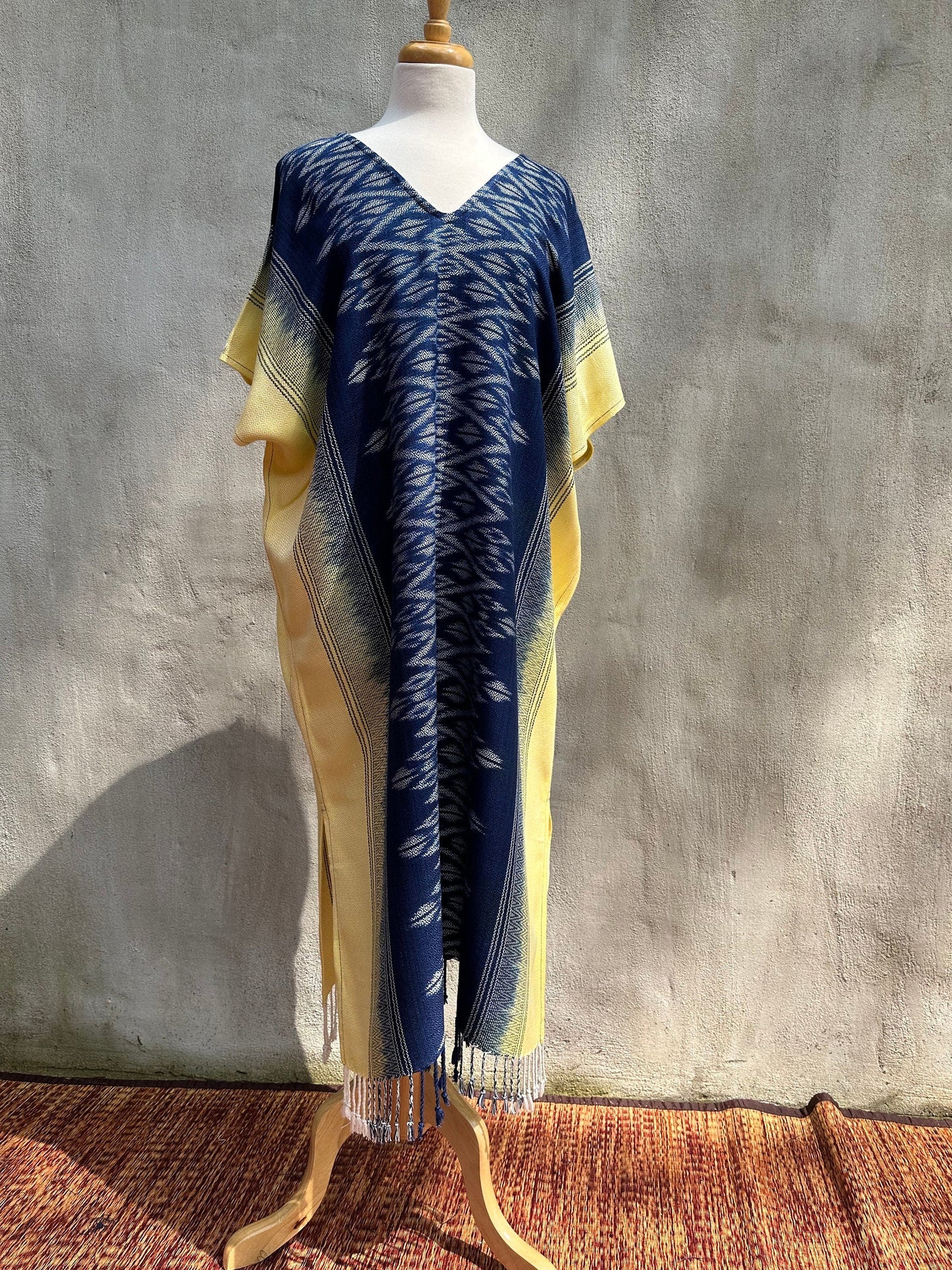 MALA handworks  Ikat Hand Woven Pattern Kaftan in Indigo Blue with Light Yellow and White