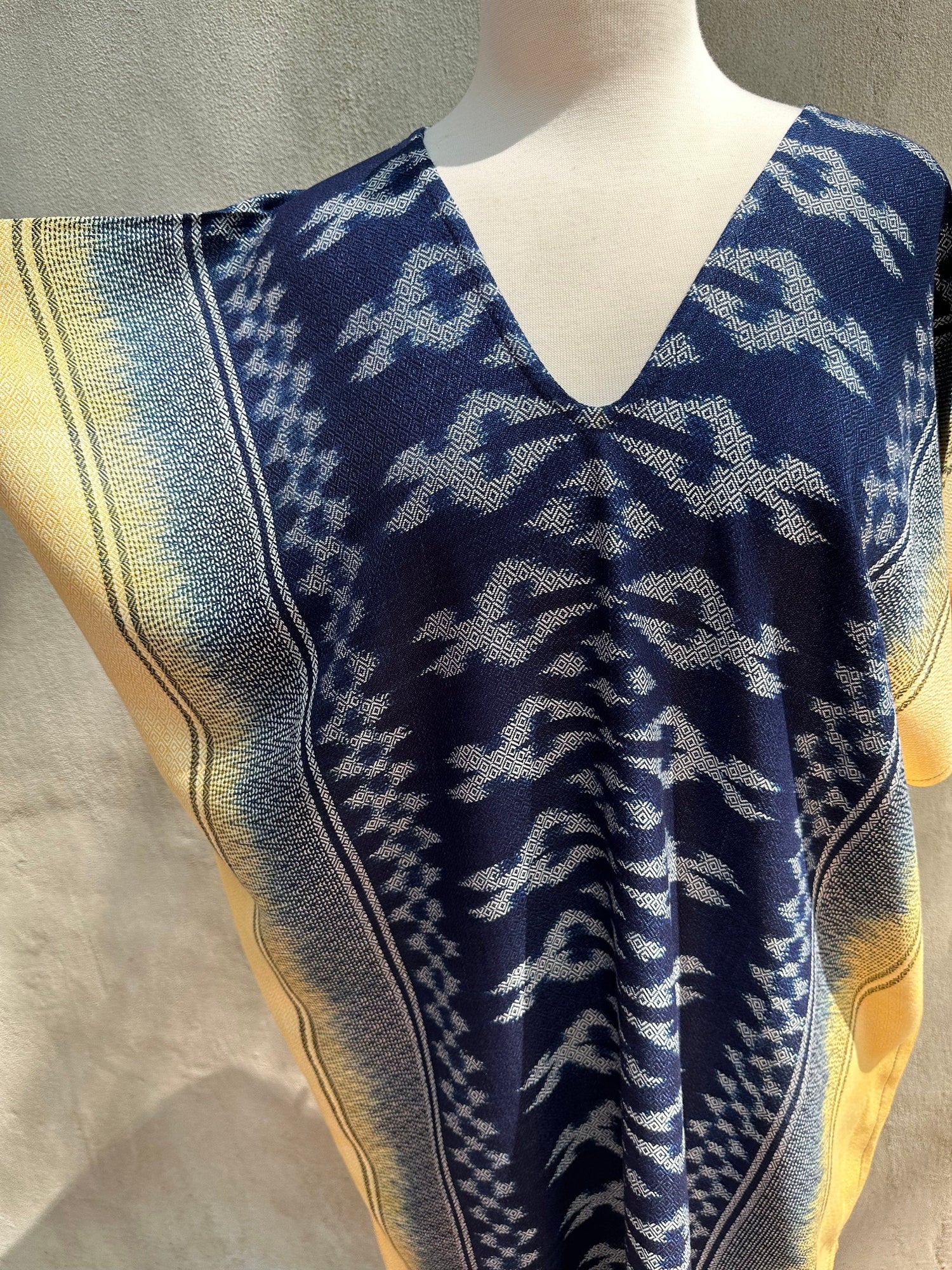 MALA handworks  Ikat Hand Woven Pattern Kaftan in Indigo Blue with Light Yellow and White
