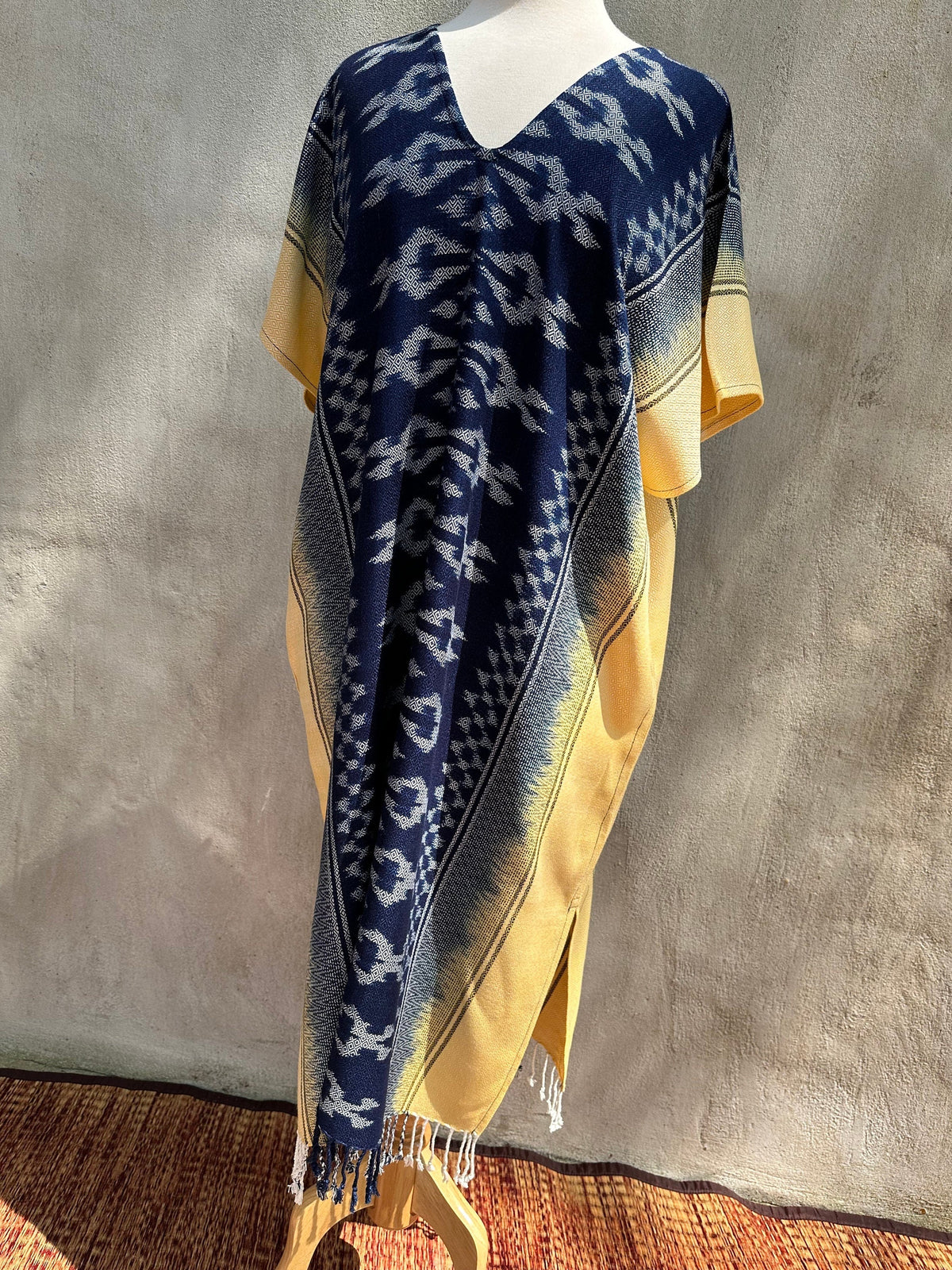 MALA handworks  Ikat Hand Woven Pattern Kaftan in Indigo Blue with Light Yellow and White