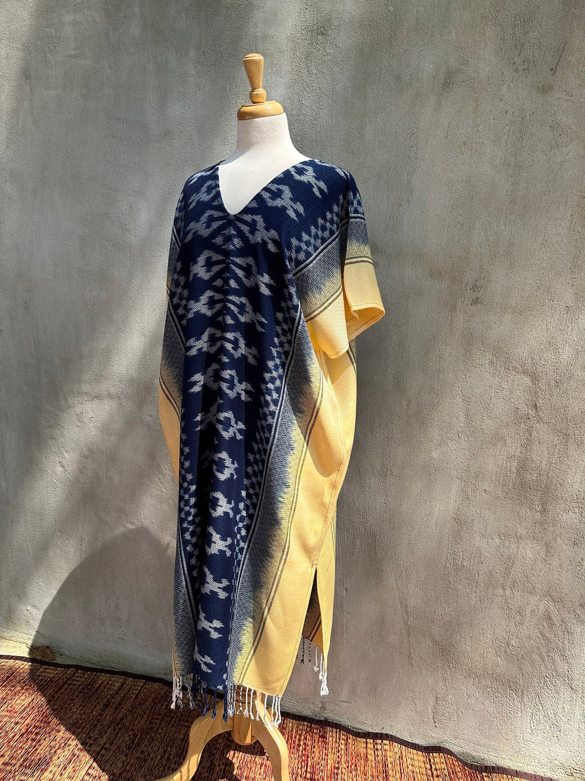 MALA handworks  Ikat Hand Woven Pattern Kaftan in Indigo Blue with Light Yellow and White