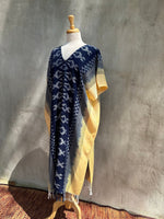 MALA handworks  Ikat Hand Woven Pattern Kaftan in Indigo Blue with Light Yellow and White