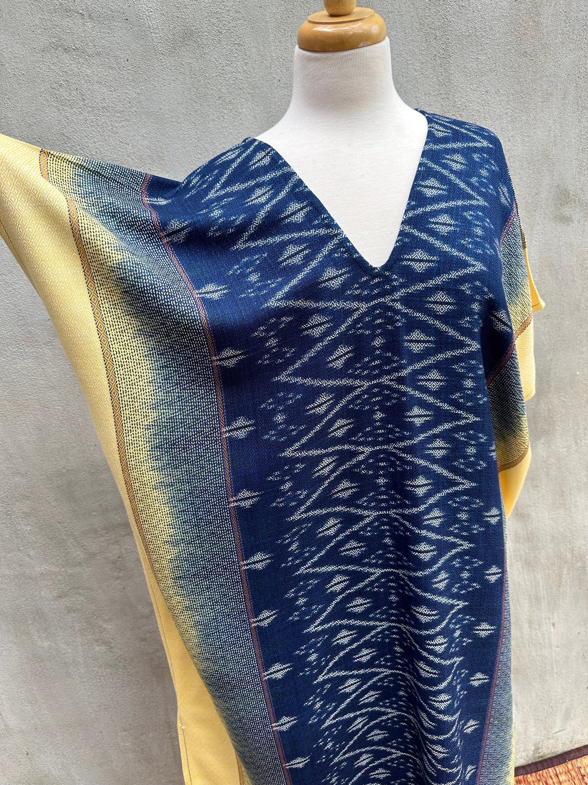 MALA handworks  Ikat Hand Woven Pattern Kaftan in Indigo Blue with Light Yellow and White