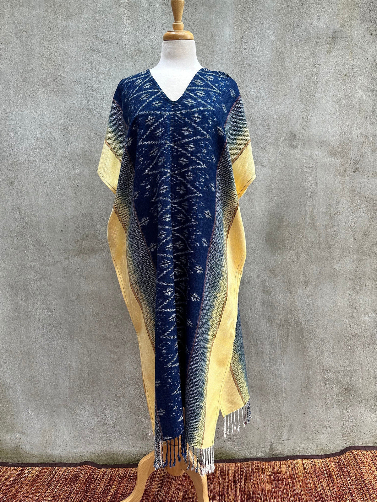 MALA handworks  Ikat Hand Woven Pattern Kaftan in Indigo Blue with Light Yellow and White