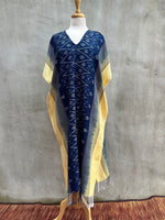 MALA handworks  Ikat Hand Woven Pattern Kaftan in Indigo Blue with Light Yellow and White