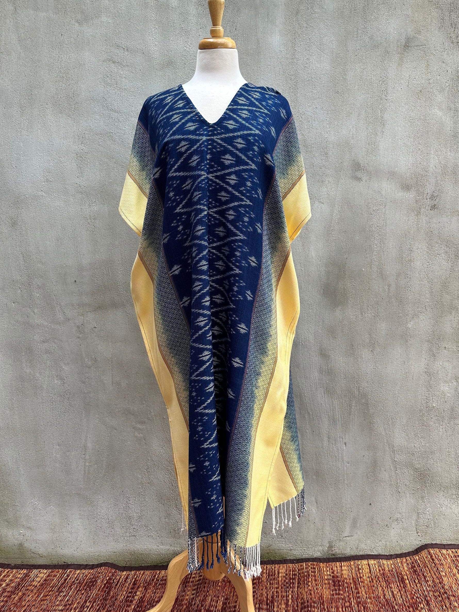MALA handworks  Ikat Hand Woven Pattern Kaftan in Indigo Blue with Light Yellow and White