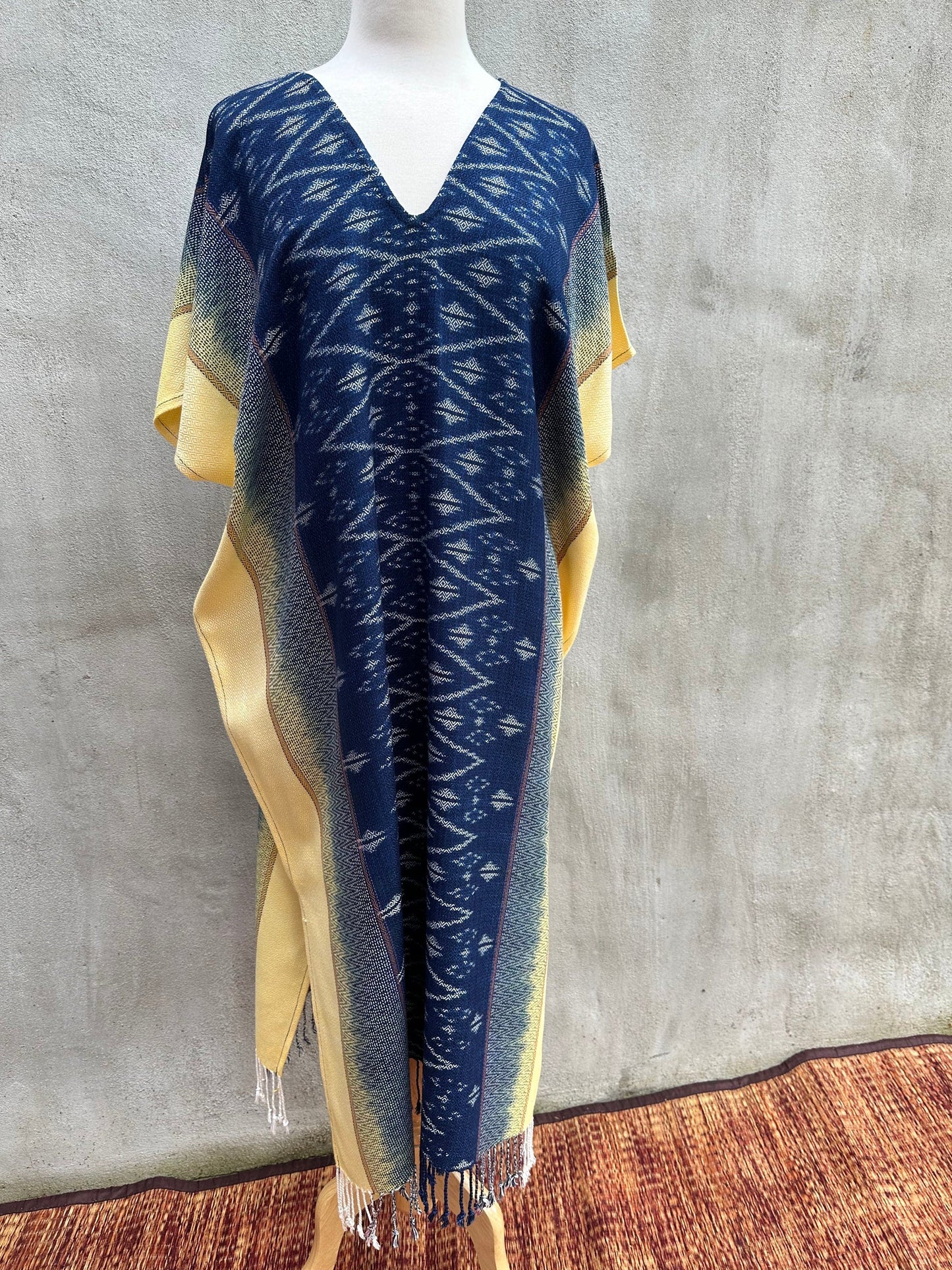 MALA handworks  Ikat Hand Woven Pattern Kaftan in Indigo Blue with Light Yellow and White