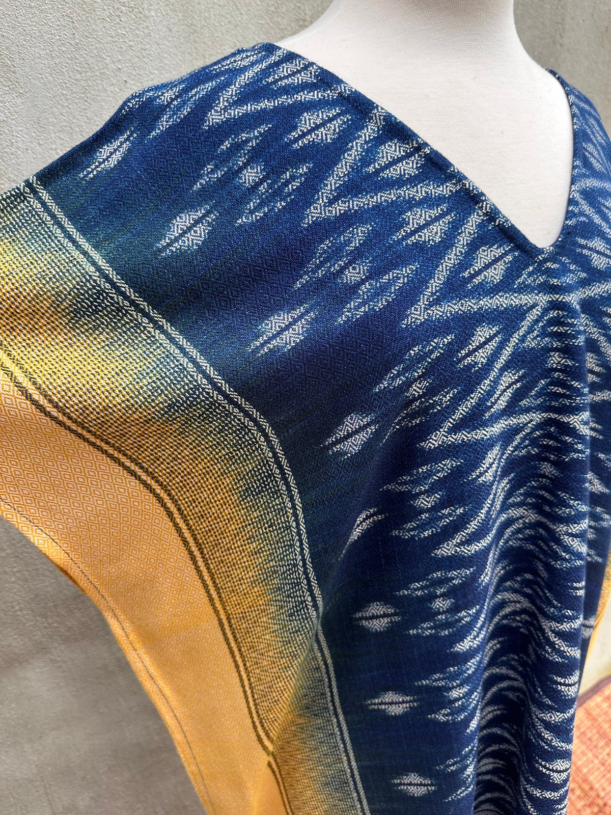 MALA handworks  Ikat Hand Woven Pattern Kaftan in Indigo Blue with Light Yellow and White