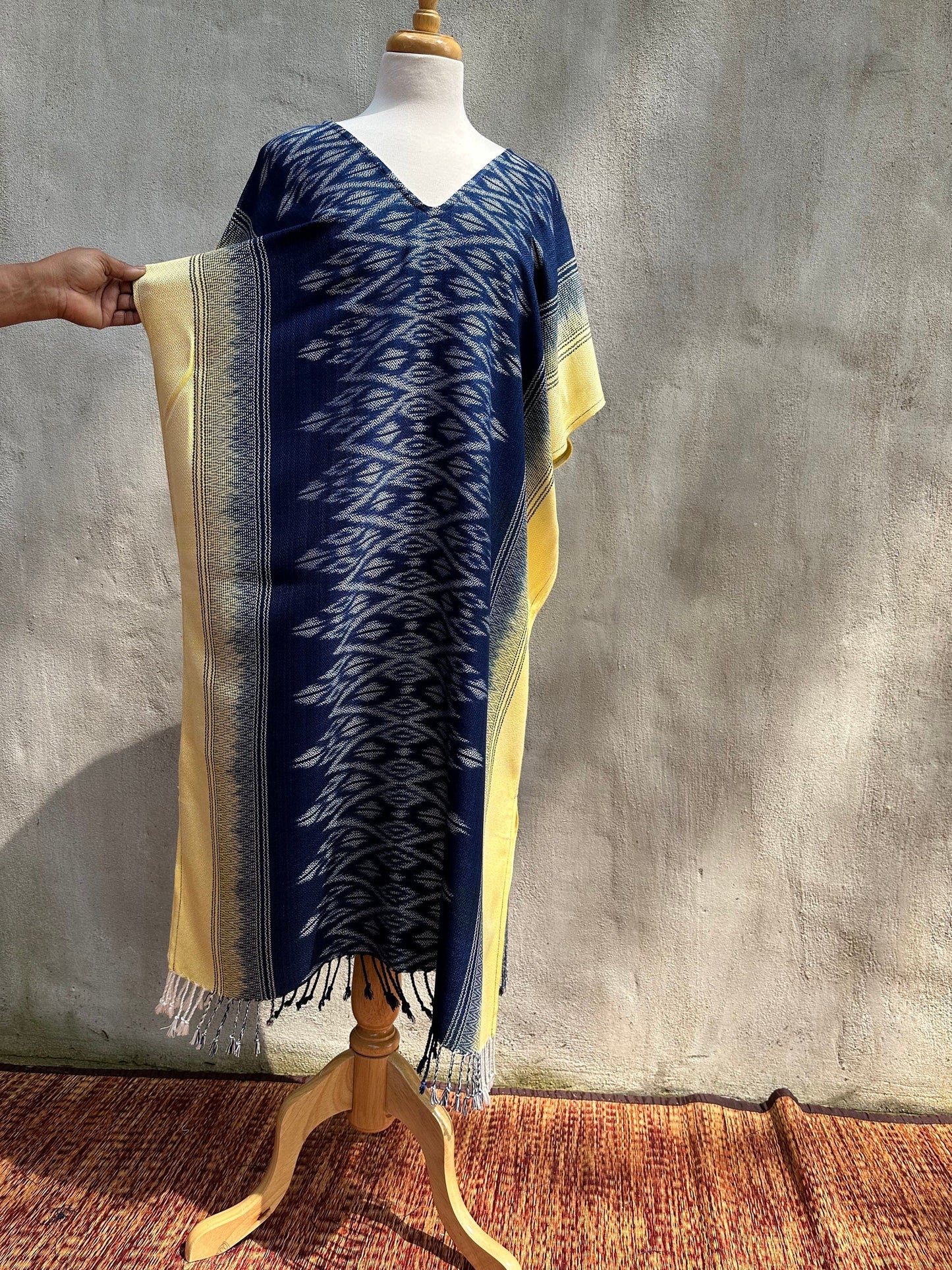 Ikat Hand Woven Pattern Kaftan in Indigo Blue with Light Yellow and White