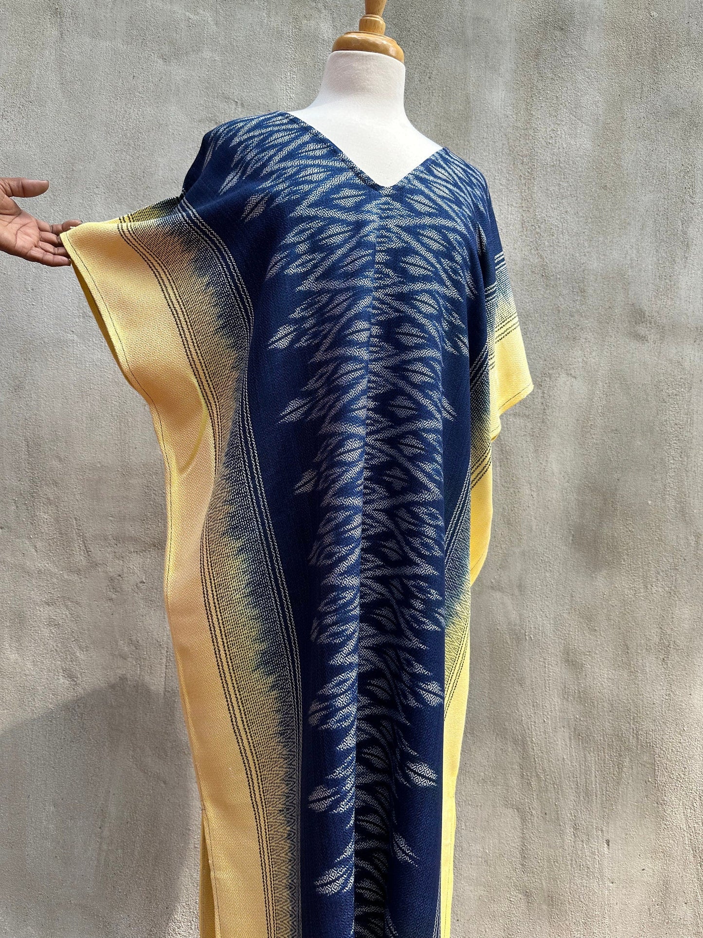 MALA handworks  Ikat Hand Woven Pattern Kaftan in Indigo Blue with Light Yellow and White