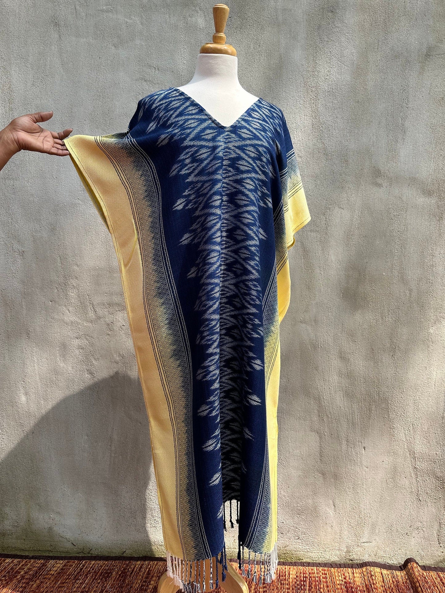 MALA handworks  Ikat Hand Woven Pattern Kaftan in Indigo Blue with Light Yellow and White