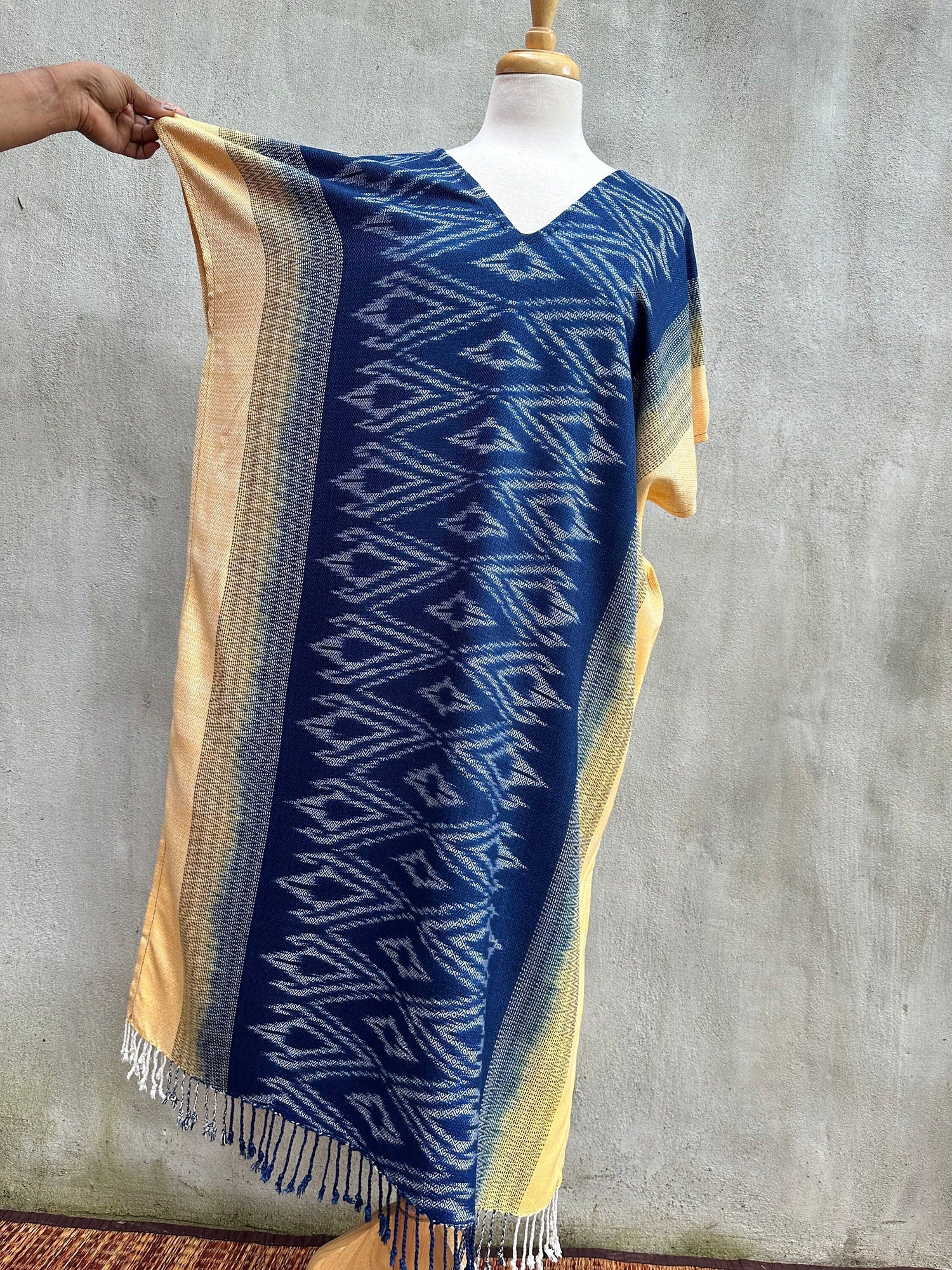 MALA handworks  Ikat Hand Woven Pattern Kaftan in Indigo Blue with Light Yellow and White