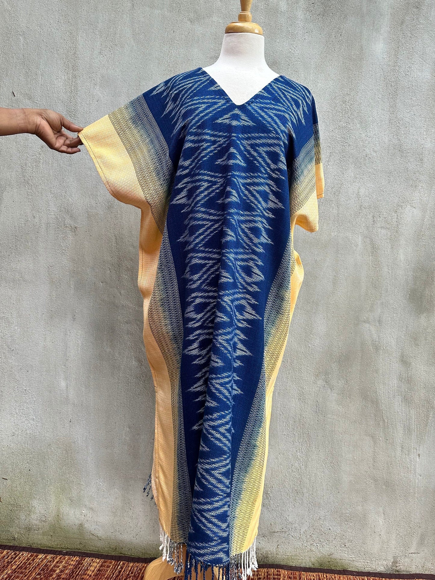 MALA handworks  Ikat Hand Woven Pattern Kaftan in Indigo Blue with Light Yellow and White